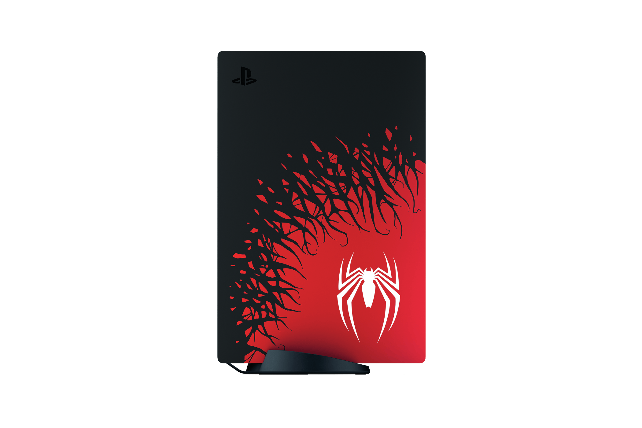 Placa frontal de PlayStation 5 con diseño de Spider-Man. Negro y rojo con logo de araña.