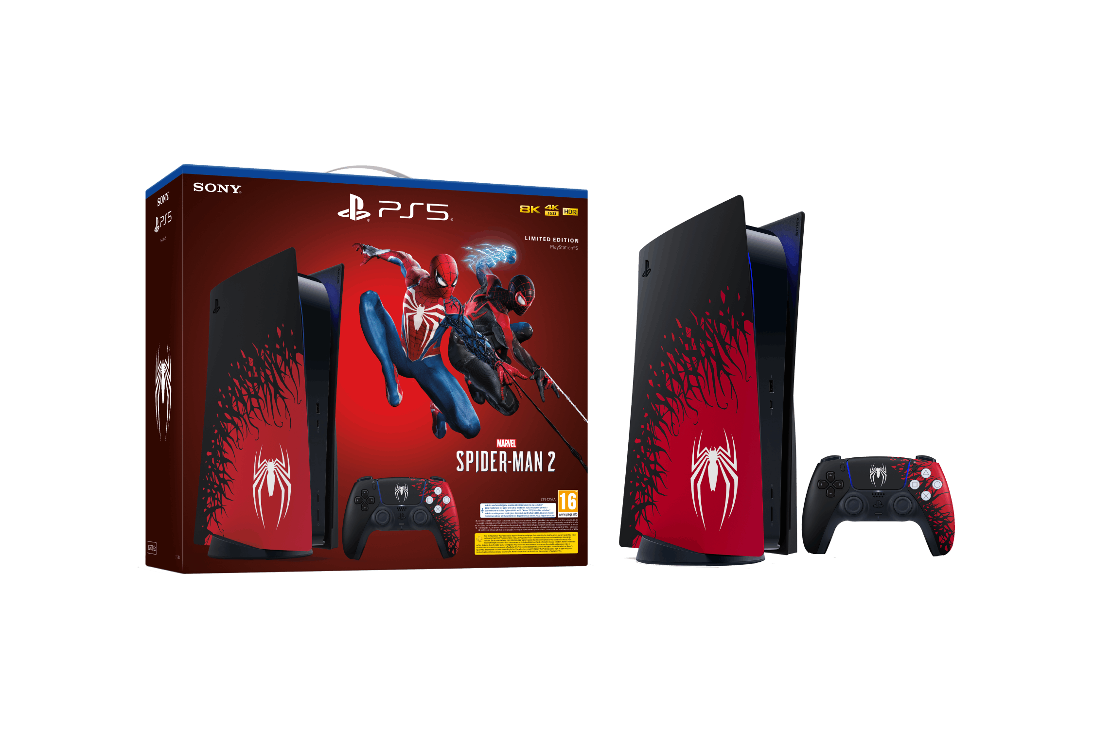 Set de caja de PlayStation 5 con arte de Spider-Man. Consola, mando y caja con diseños rojos y negros.