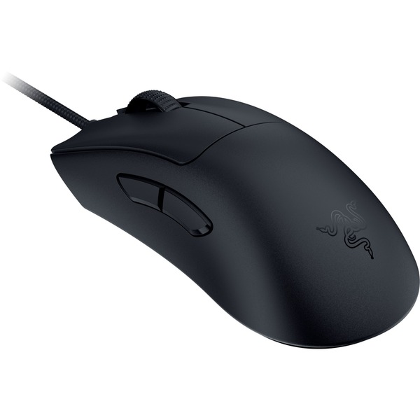 Ratón gaming Razer negro con dos botones laterales y una rueda de desplazamiento texturizada, sobre fondo blanco.