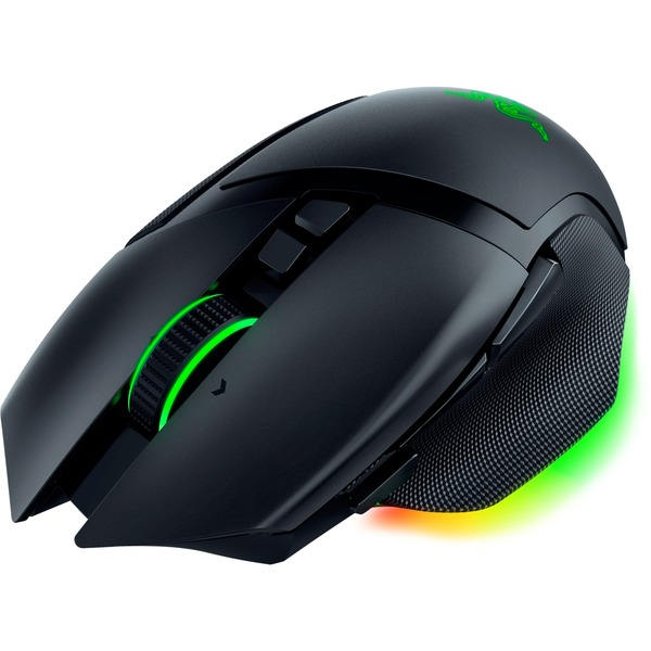 Un ratón gaming negro con detalles en verde y un logotipo de Razer.