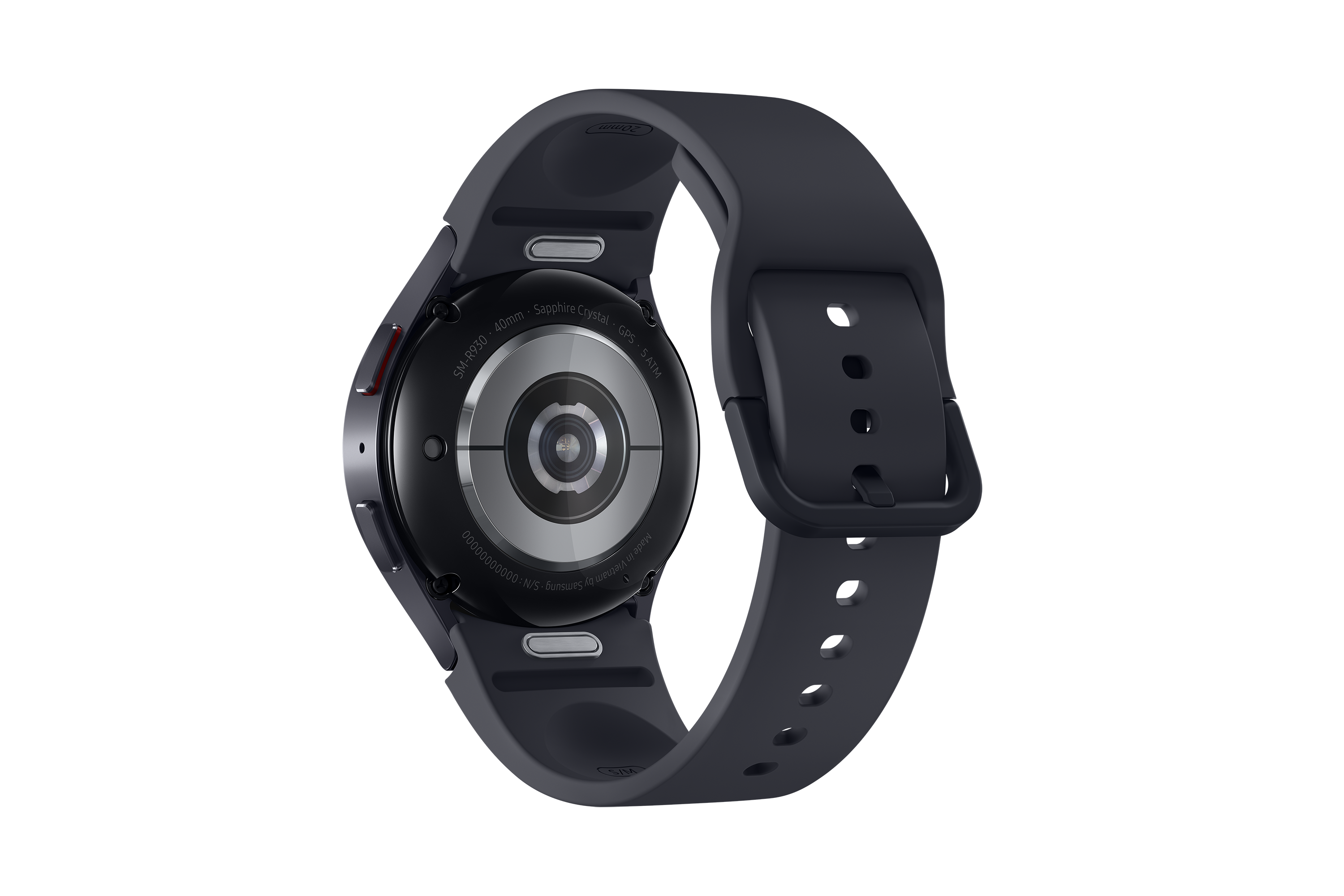 A Samsung Galaxy Watch hátulja a csatolt szíjjal, a szenzorokat és a számlapot mutatva.