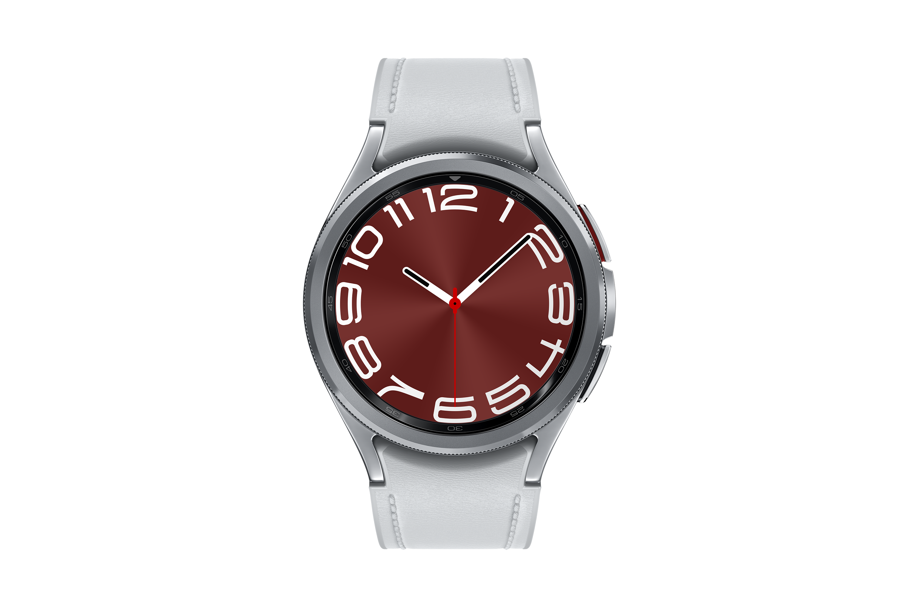 Ezüst okosóra piros számlappal, fehér számokkal és mutatókkal, fekete háttéren.