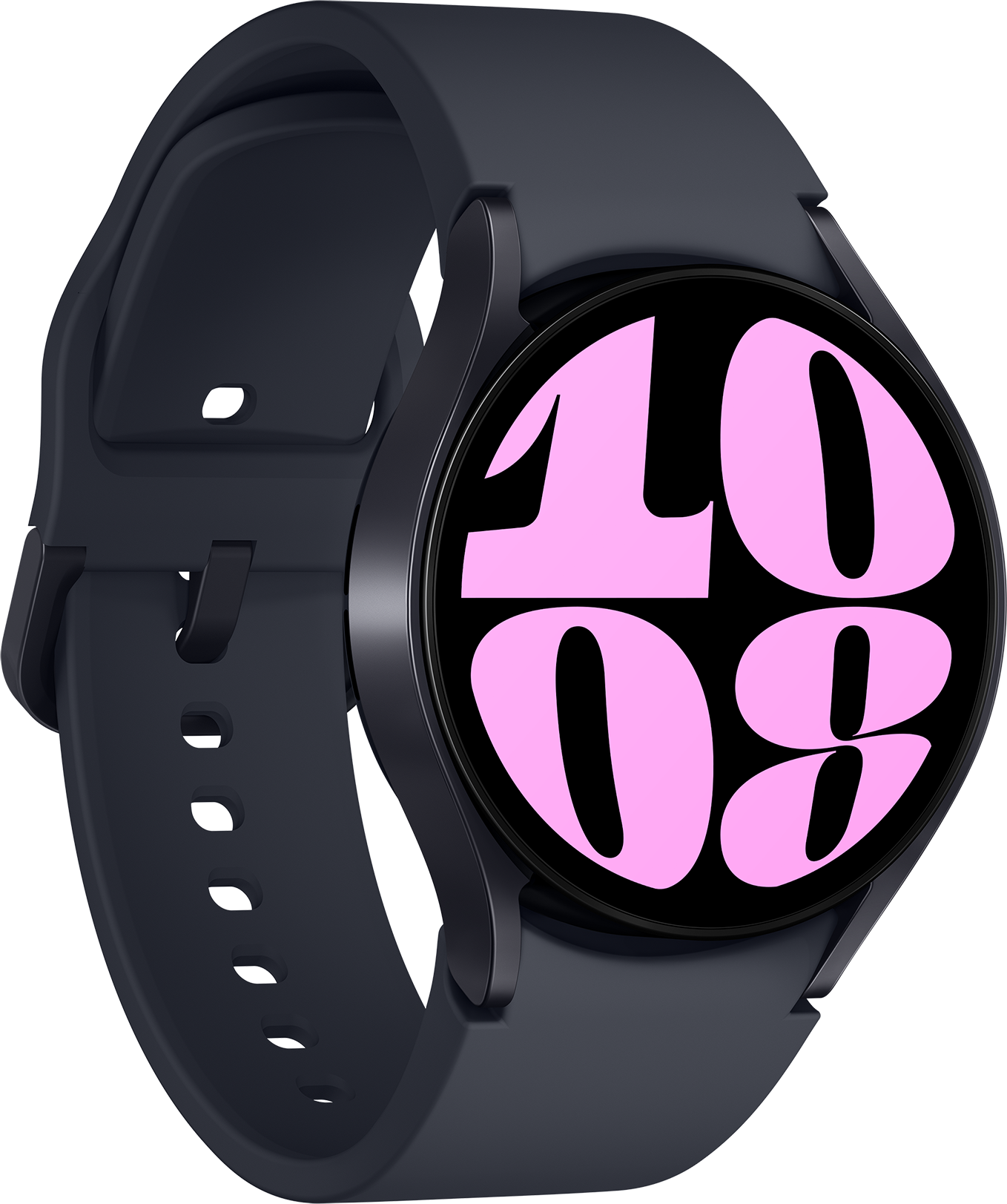 Egy fekete Samsung Galaxy Watch rózsaszín kijelzővel, számmal, fekete háttér előtt.