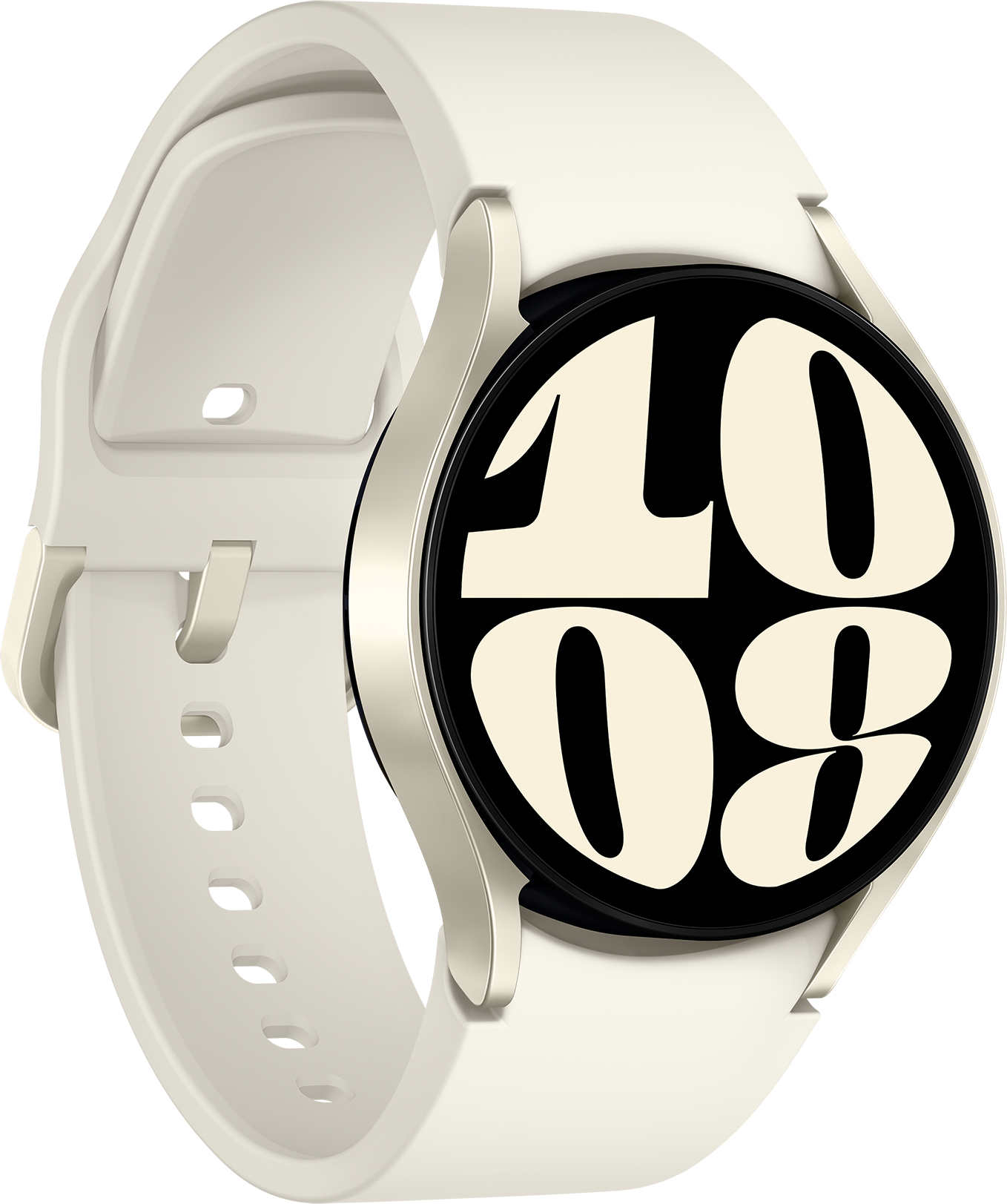 Samsung Galaxy Watch. Fehér szíj és ezüst tok. Fekete kör alakú kijelző nagy számokkal.