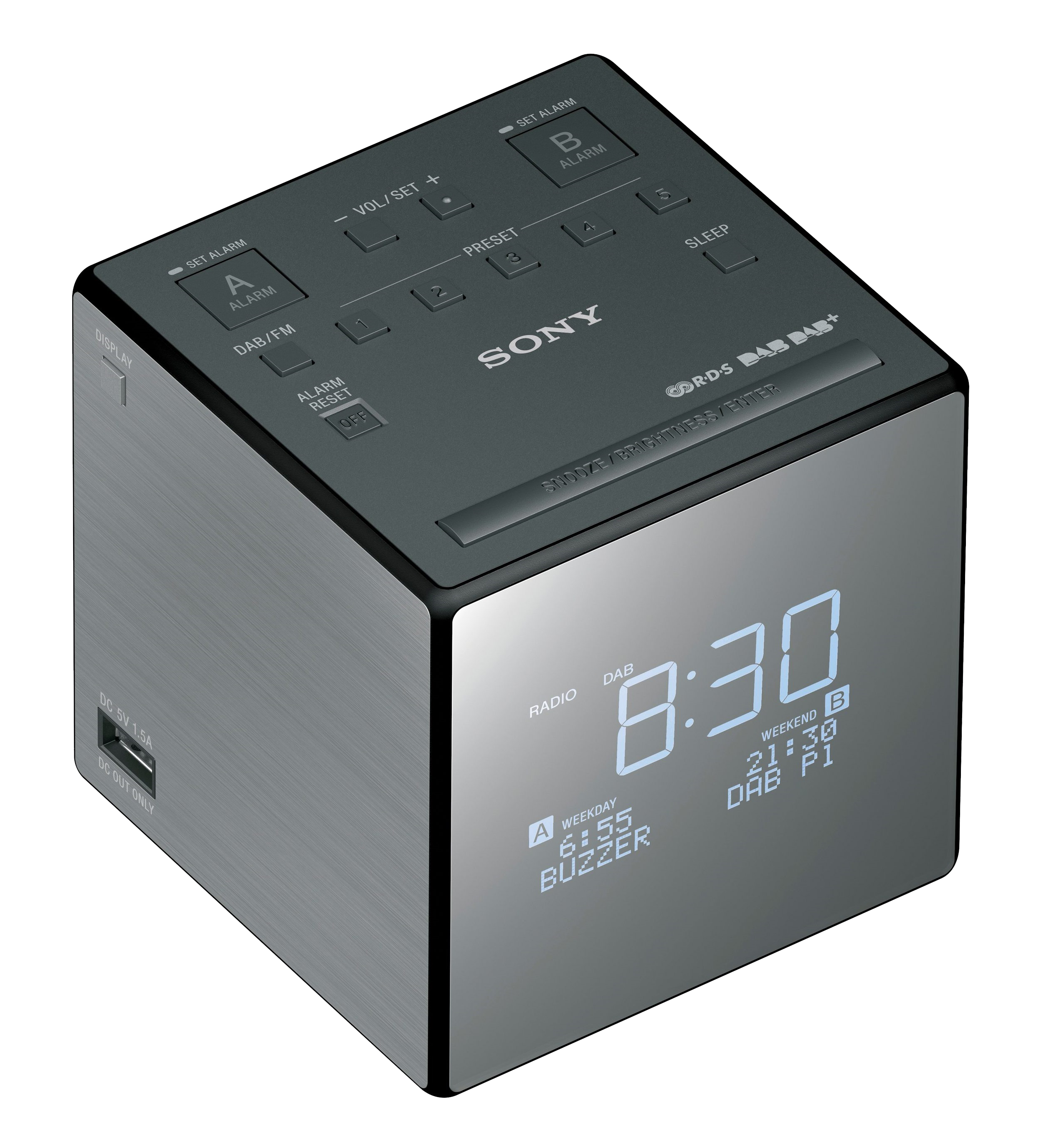 Una radiosveglia Sony argentata a forma di cubo. Ha pulsanti e un display che mostra l'ora.