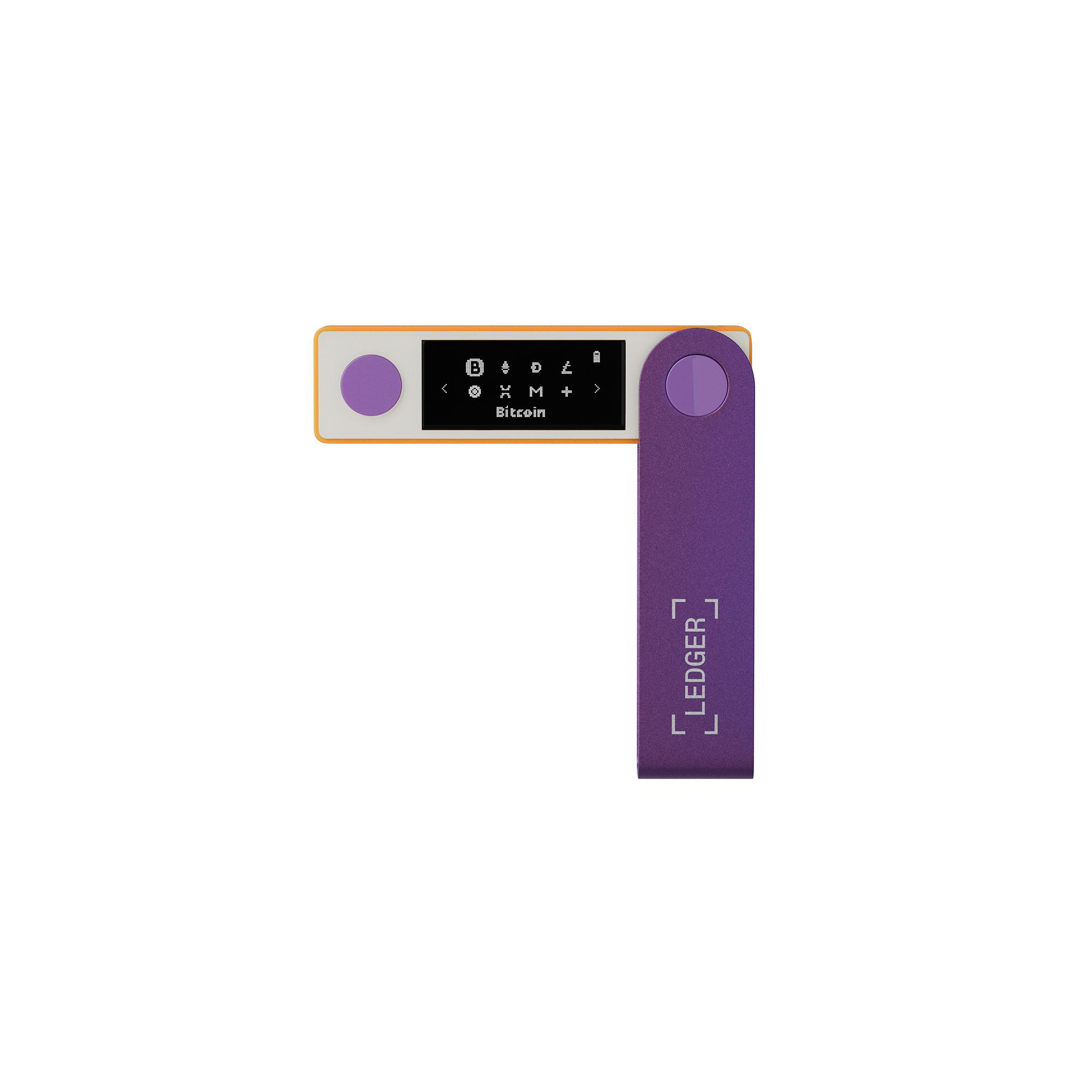 Lila Ledger Krypto-Hardware-Wallet. Der Bildschirm zeigt Bitcoin-Informationen.