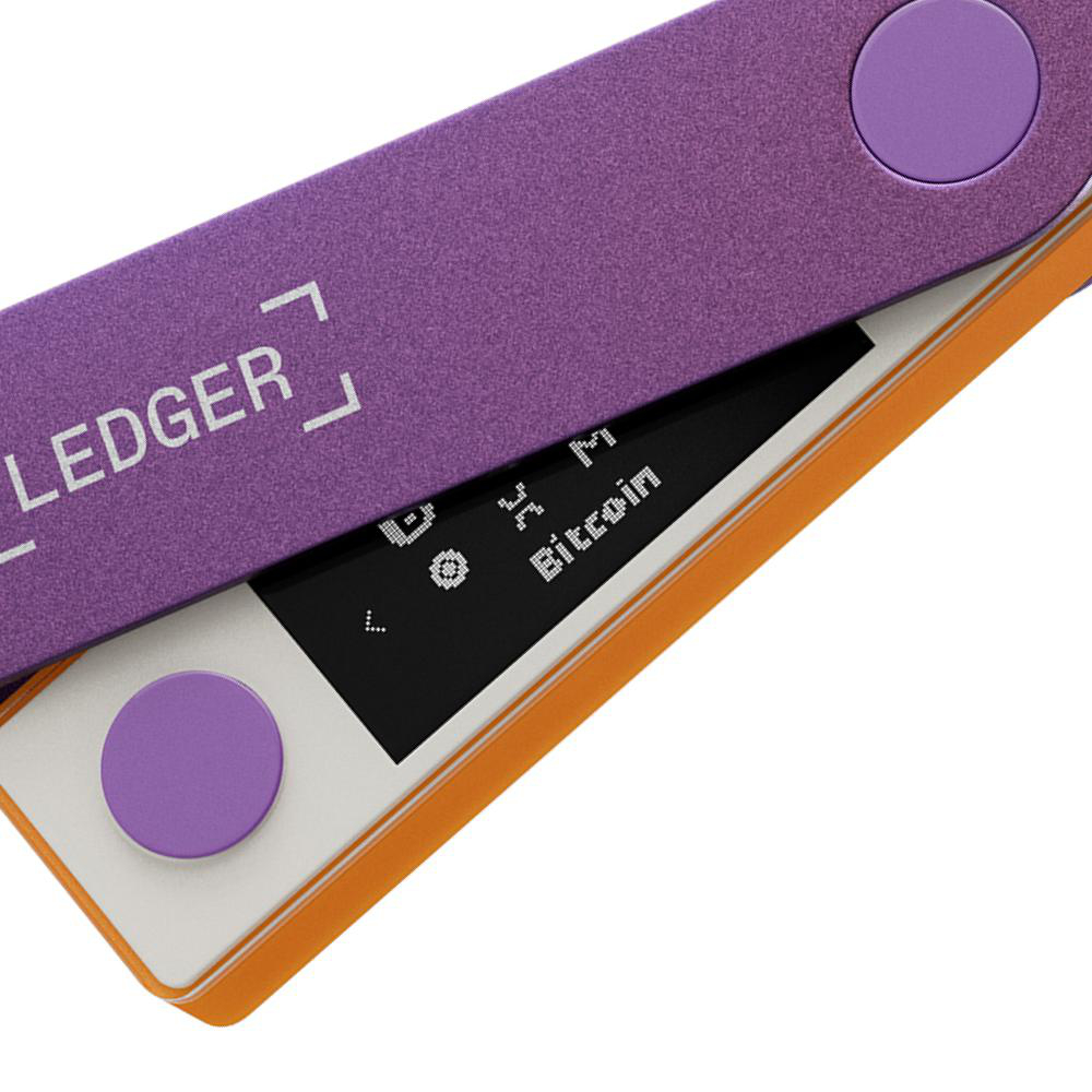 Lila und orange Ledger-Wallet mit Bitcoin-Informationen auf dem Bildschirm.