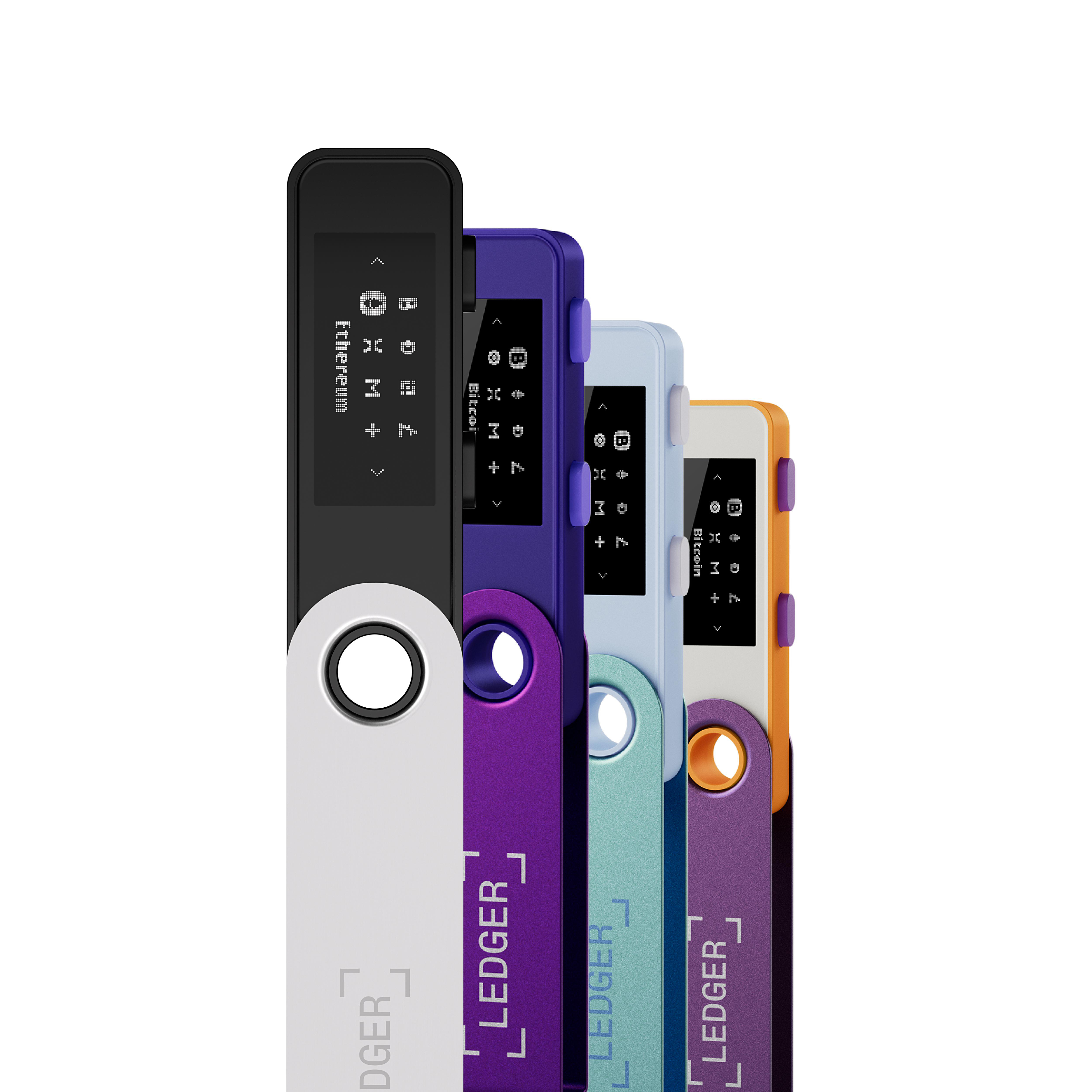 Vier Hardware-Wallets für Kryptowährungen in verschiedenen Farben. Jedes hat einen Bildschirm.