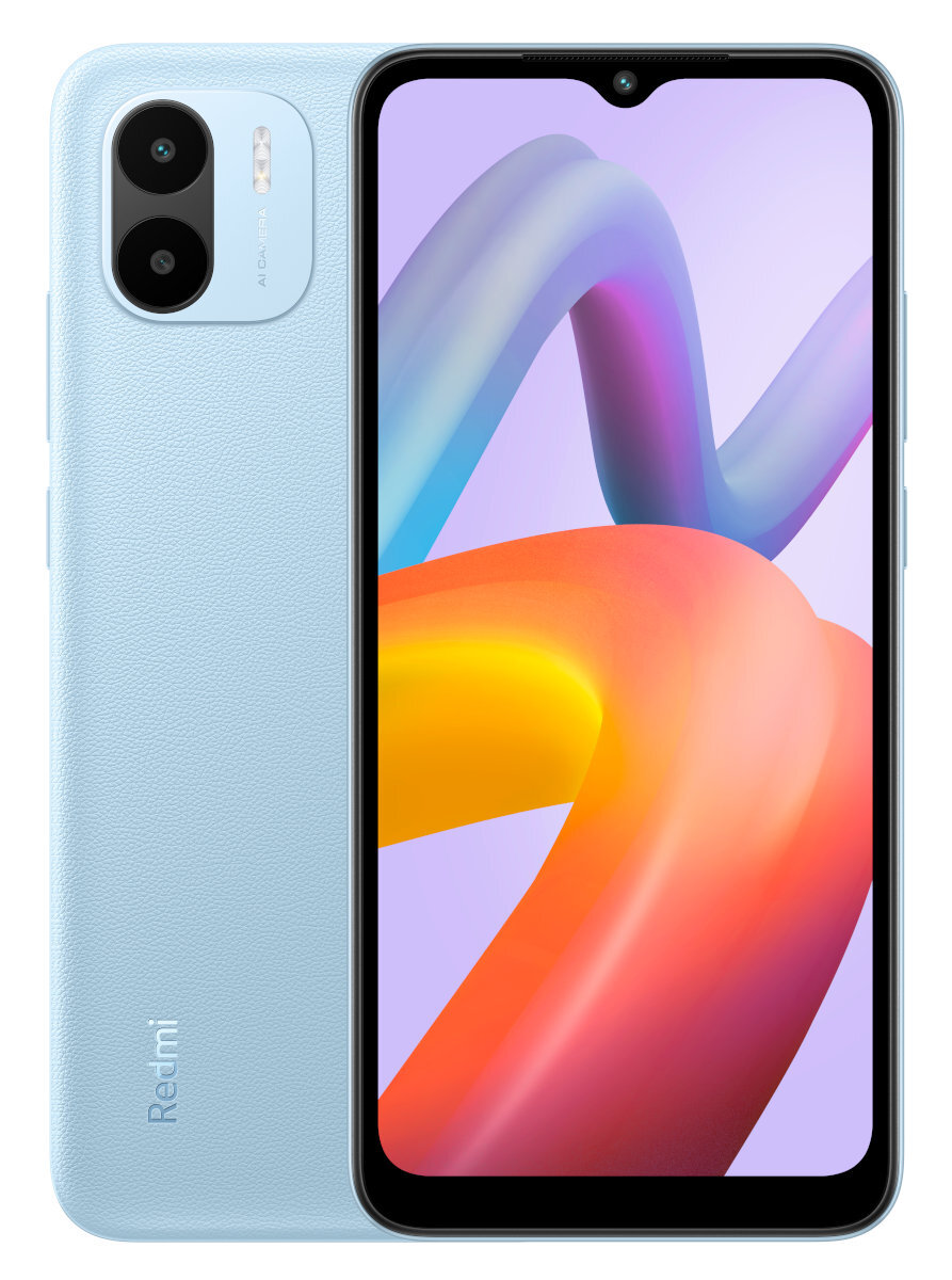 Niebieski smartfon z podwójnym aparatem z tyłu i kolorowym wyświetlaczem.