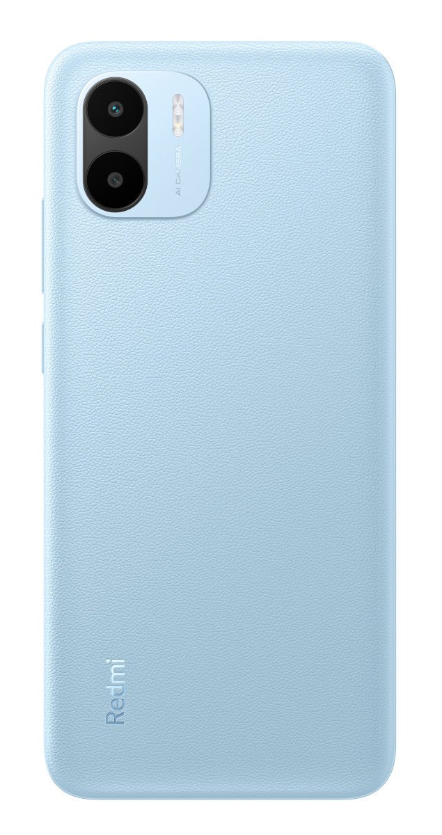 Jasnoniebieski tył smartfona z podwójnym aparatem, prosty design i logo Redmi.
