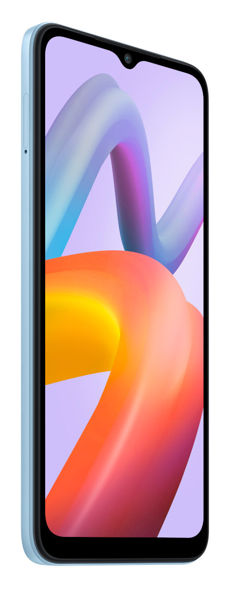 Niebieski smartfon, widok z boku, kolorowy ekran.