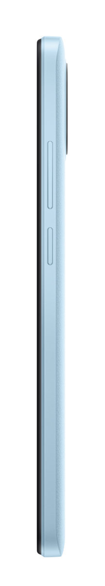 Widok z boku jasnoniebieskiego smartfona. Zawiera przyciski i obiektyw aparatu.
