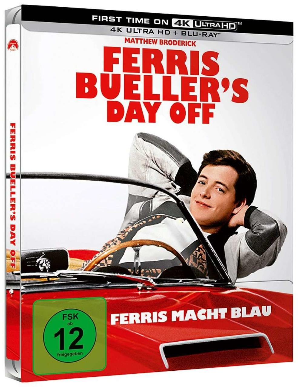 DVD-Hülle mit einem Mann im Auto, Titel: „Ferris Buellers Day Off“.