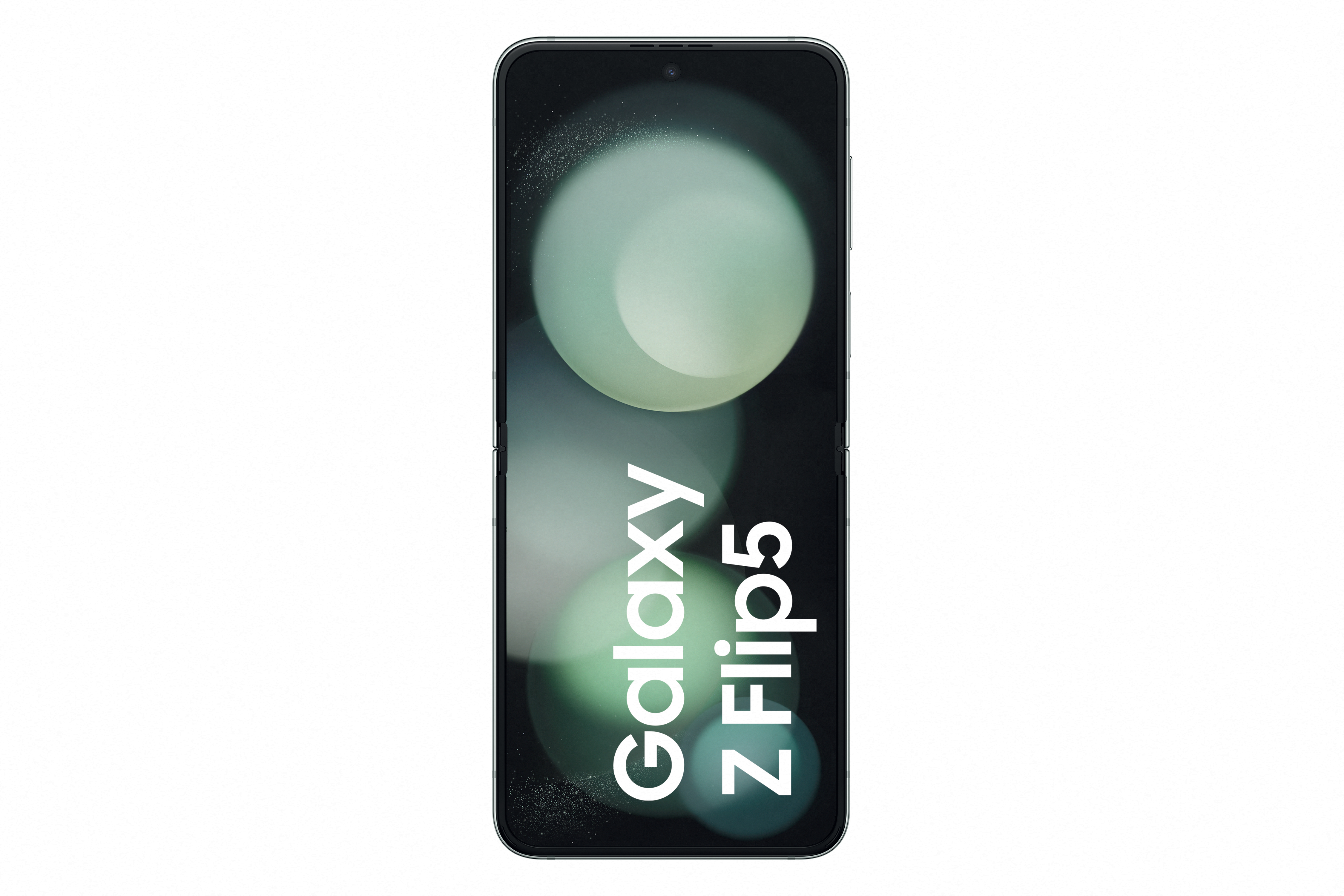 Faltbares Galaxy Z Flip5 Smartphone, schwarz, geschlossen. Der Bildschirm zeigt einen verschwommenen Hintergrund.