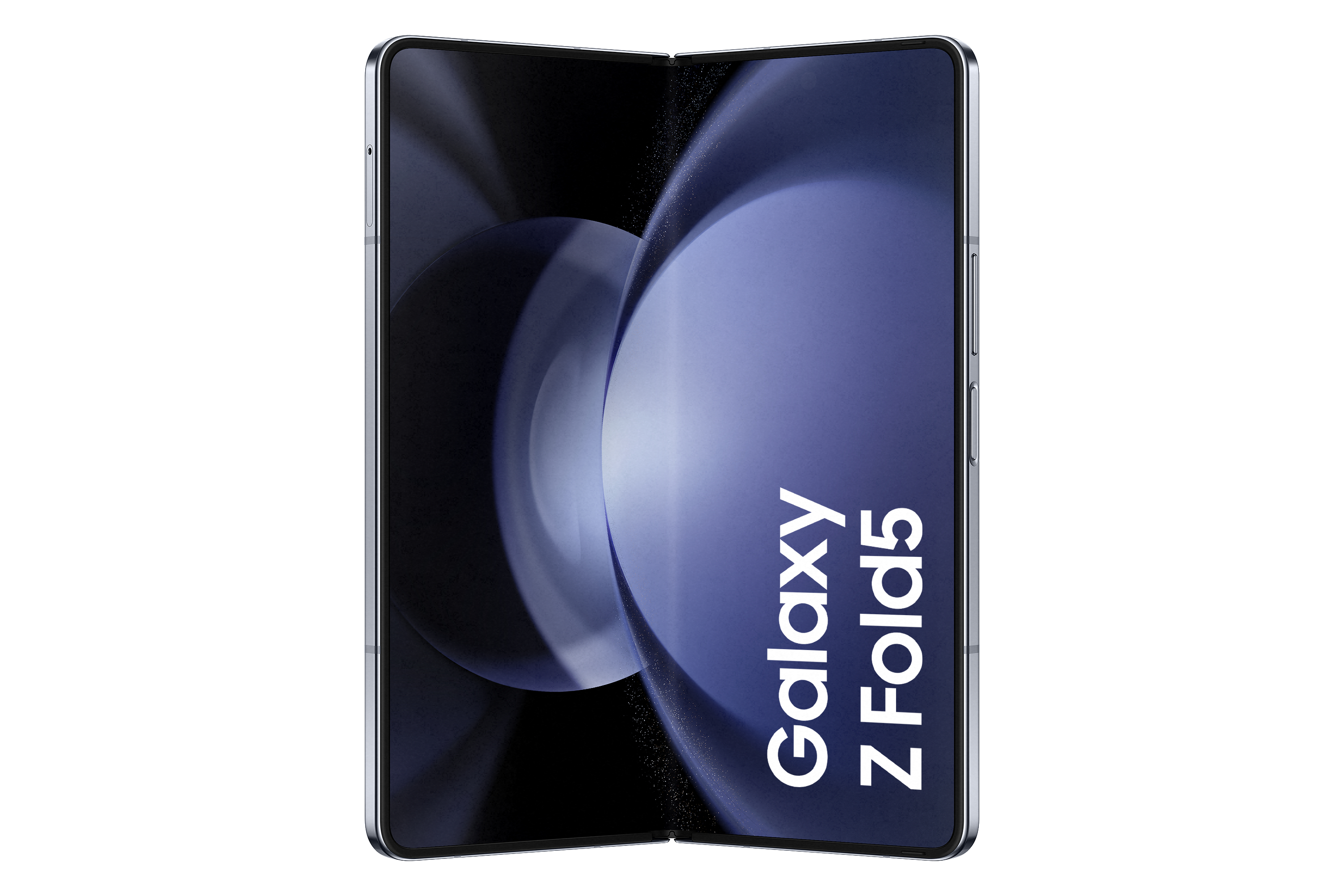 Geöffnetes Galaxy Z Fold5 Telefon auf weißem Hintergrund.