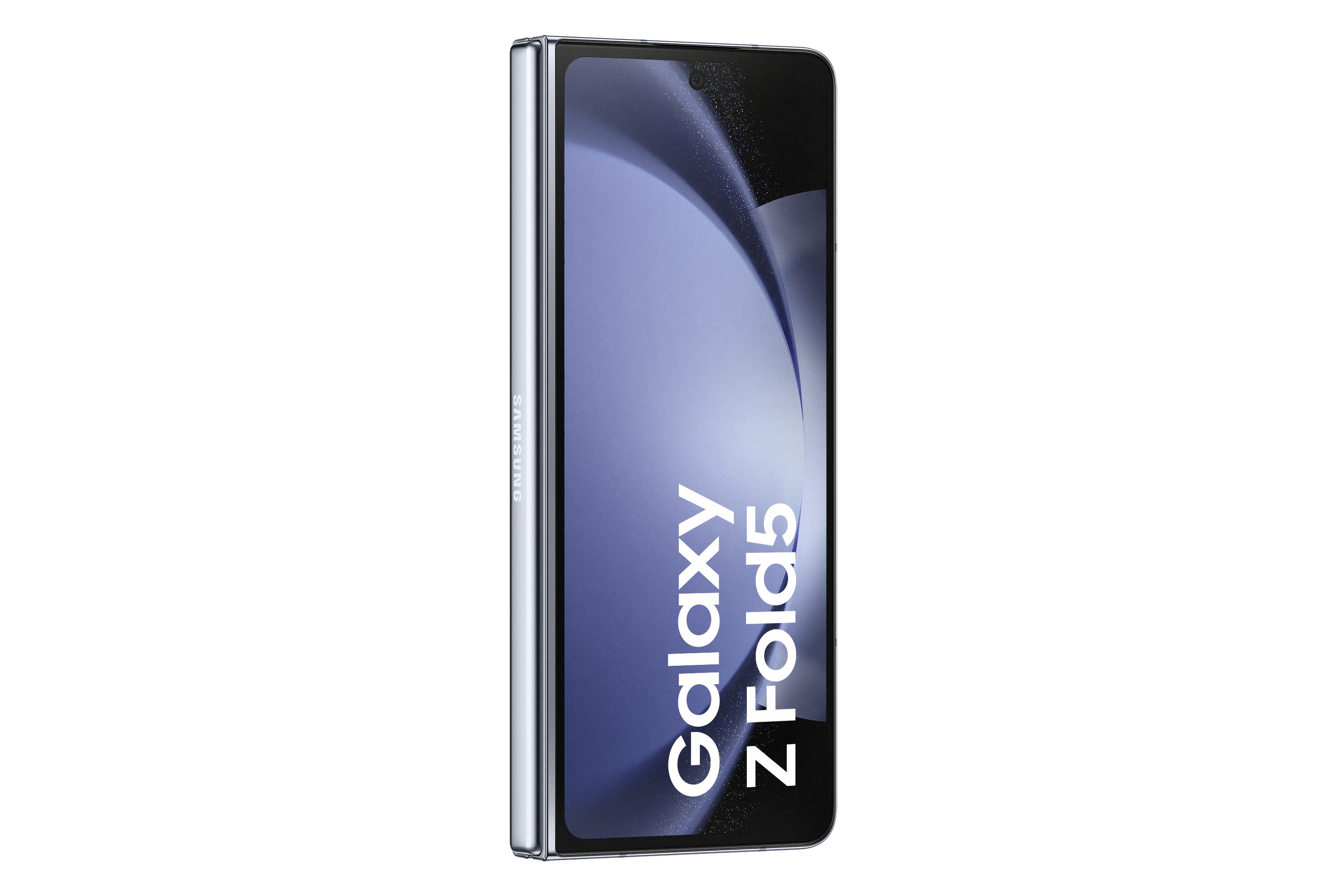 Ein silbernes und schwarzes Samsung Galaxy Z Fold5-Handy. Der Bildschirm zeigt 'Galaxy Z Fold5'.