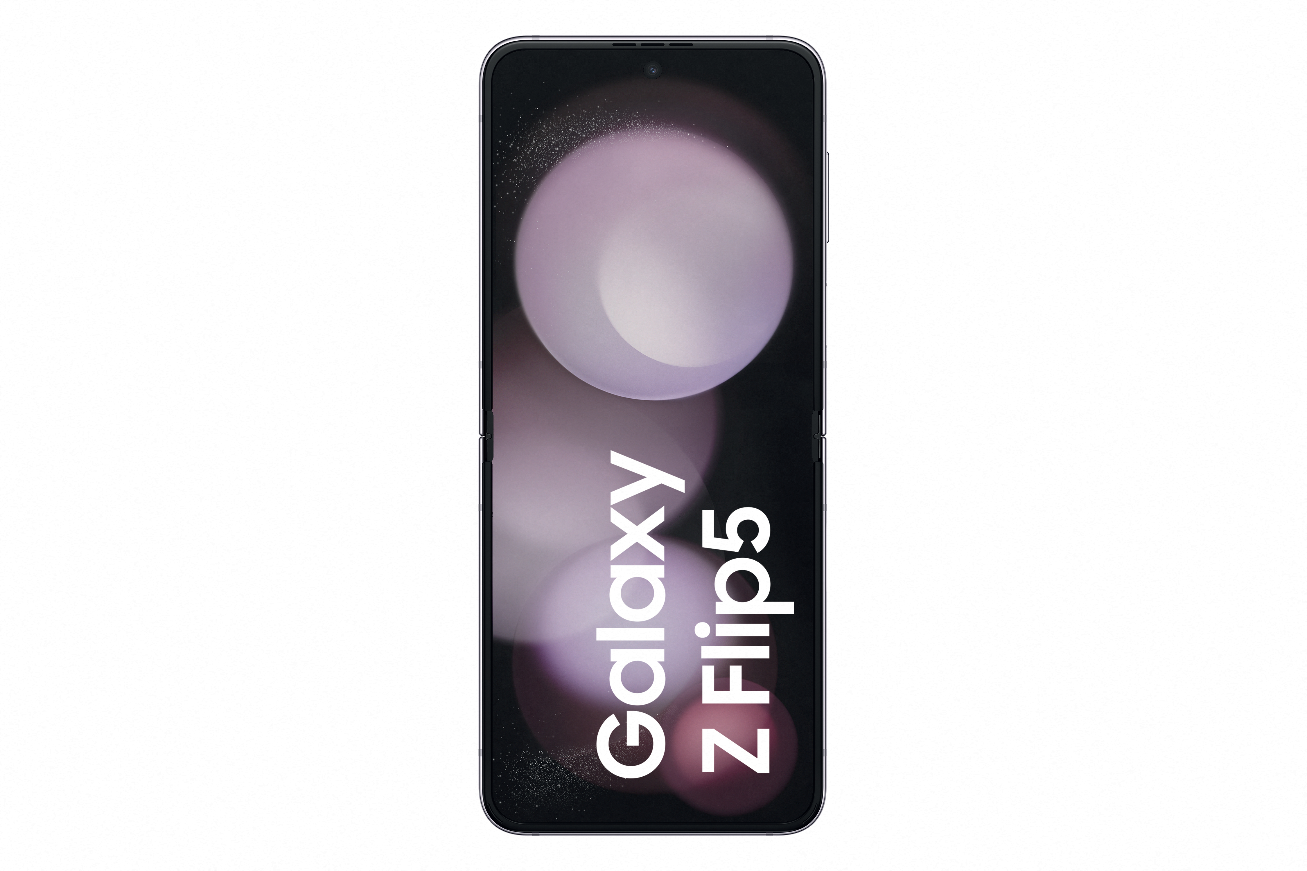 Ein geschlossenes Galaxy Z Flip5-Telefon zeigt den Modellnamen auf einem Bildschirm mit unscharfem Hintergrund.