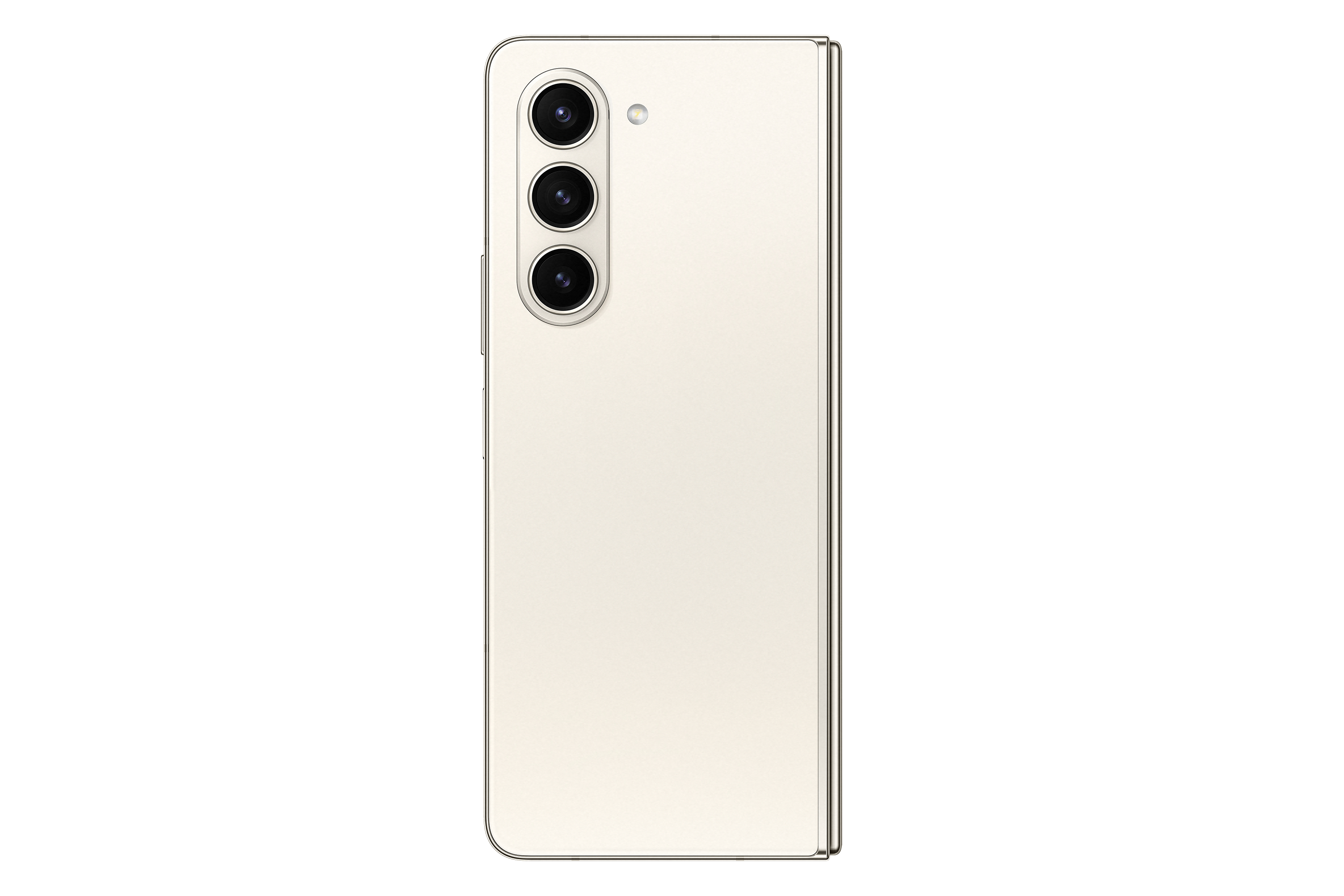 Ein beiges Samsung Galaxy Z Fold5-Telefon mit den Rückkameras.