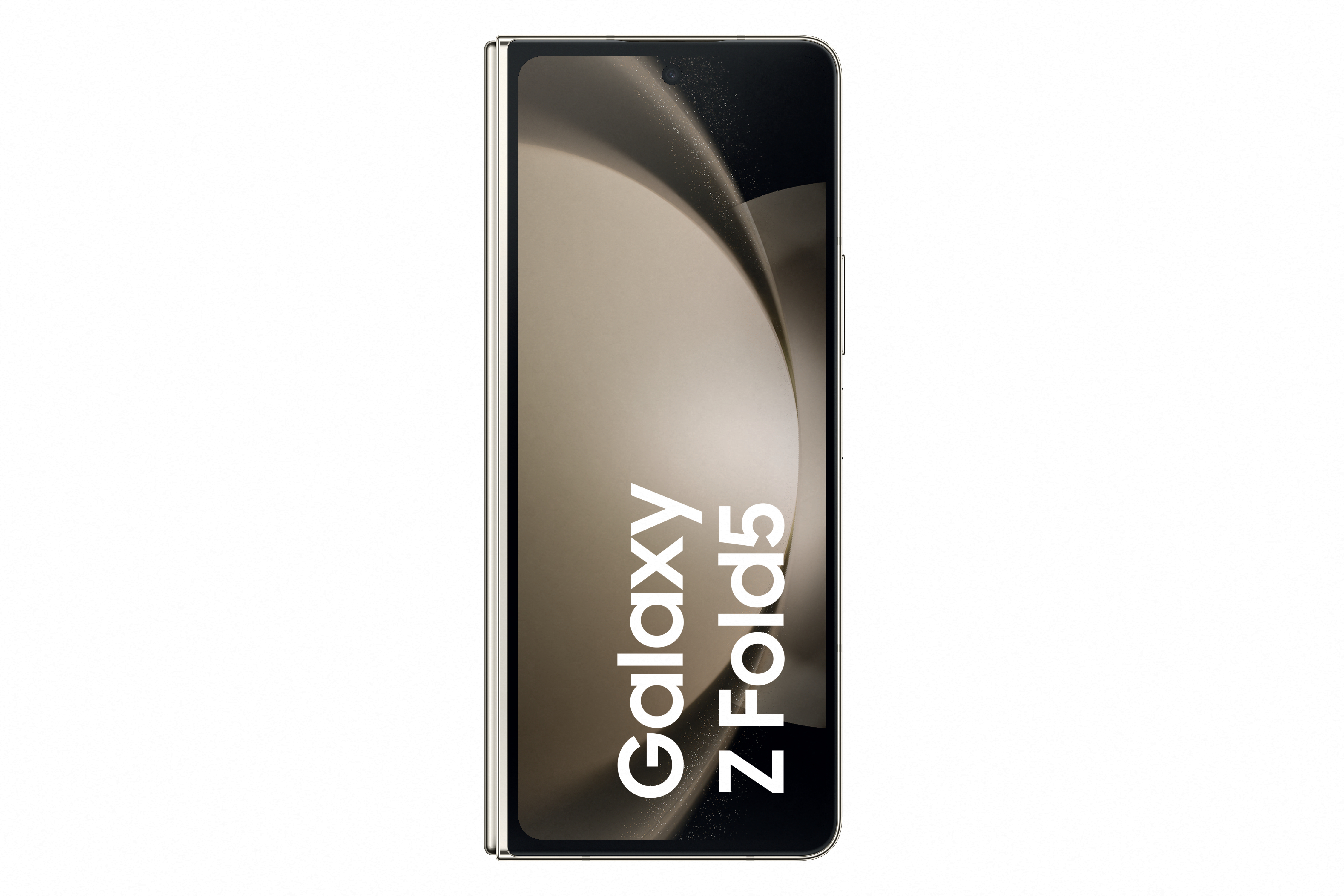 Telefon, aufgeklappt, zeigt Display mit geschwungenem Design und Galaxy Z Fold5 Text.