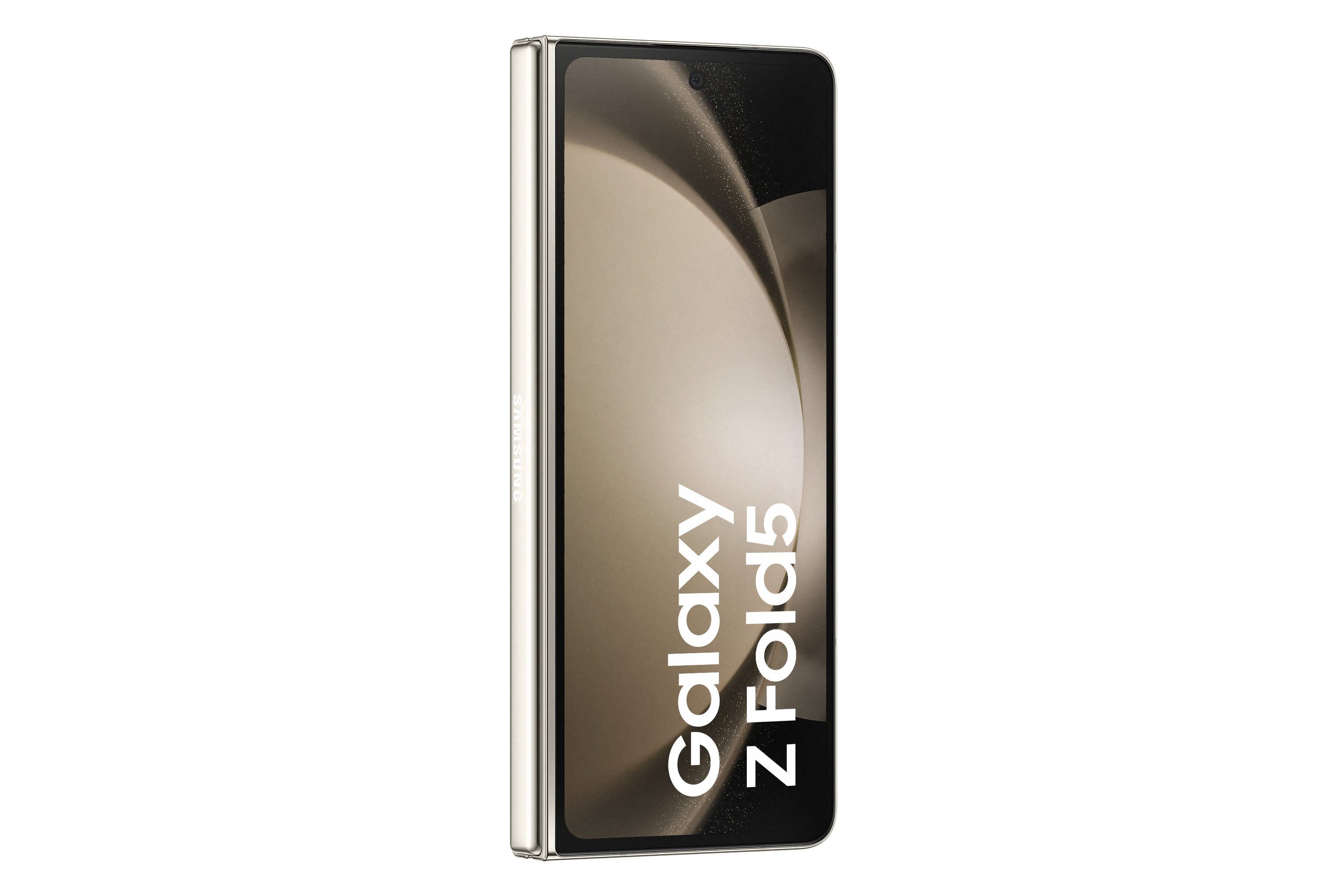 Telefon, aufgeklappt, zeigt Display mit geschwungenem Design und Galaxy Z Fold5 Text.