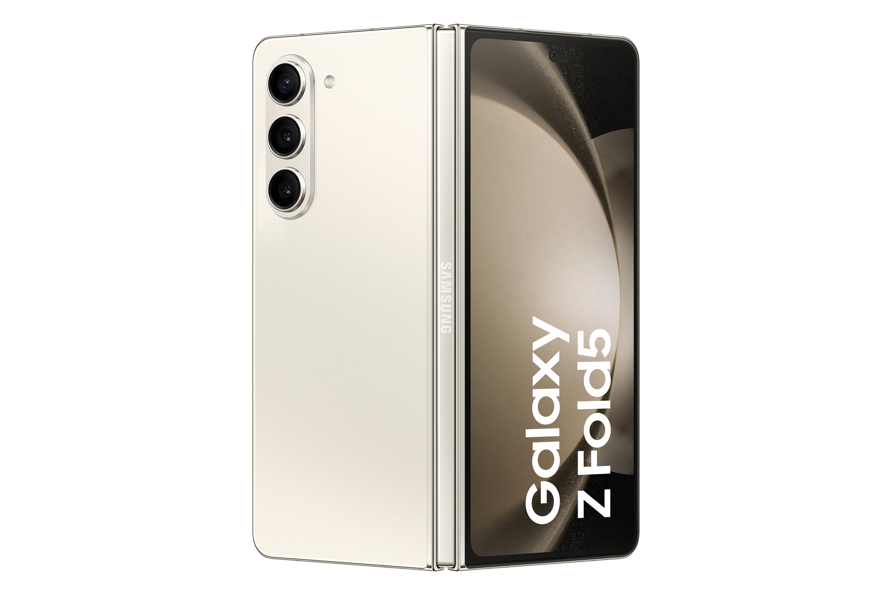 Ein geschlossenes goldenes Samsung Galaxy Z Fold5 Telefon.