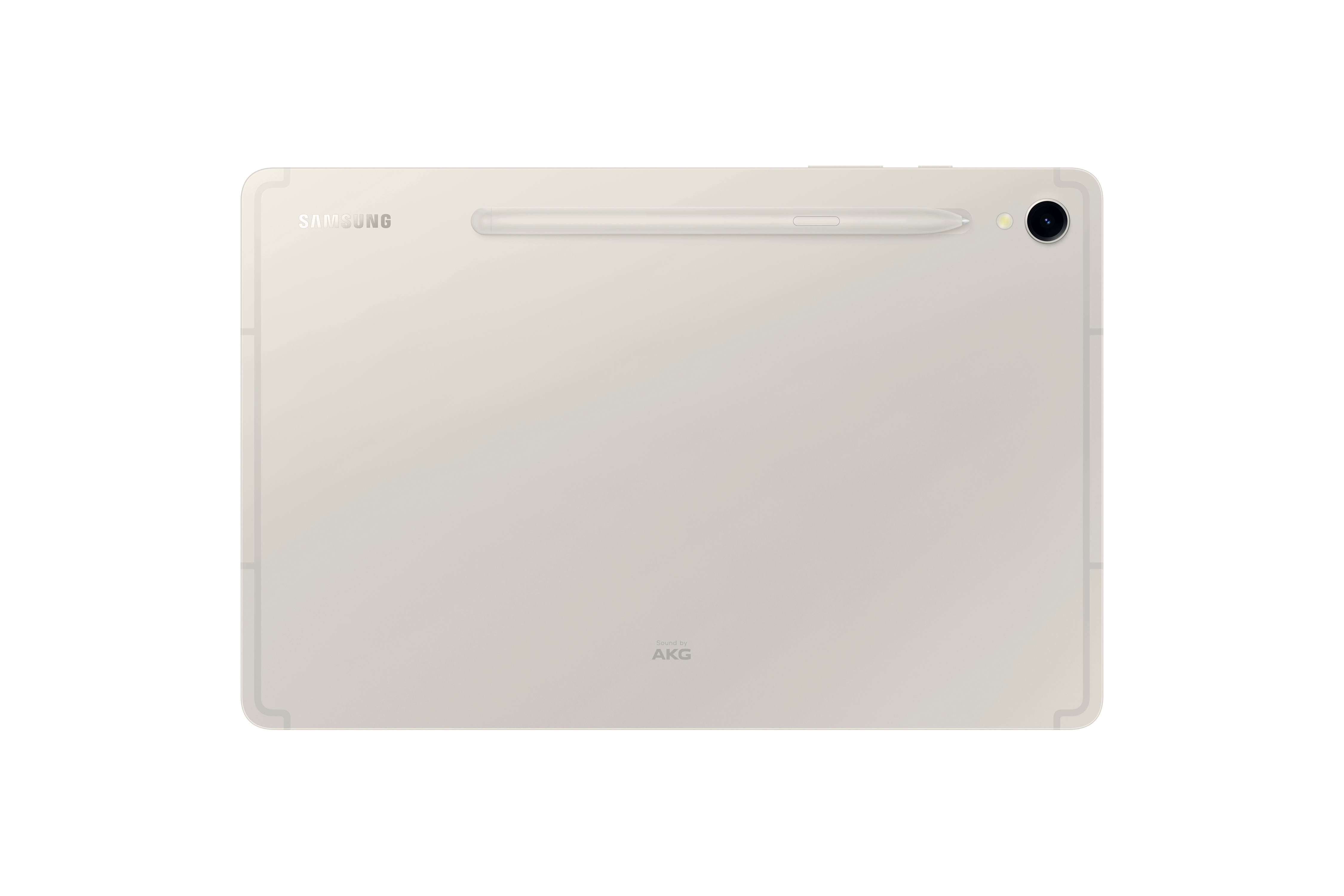 Cremefarbenes Tablet mit Stift und Kamera auf weißer Oberfläche.