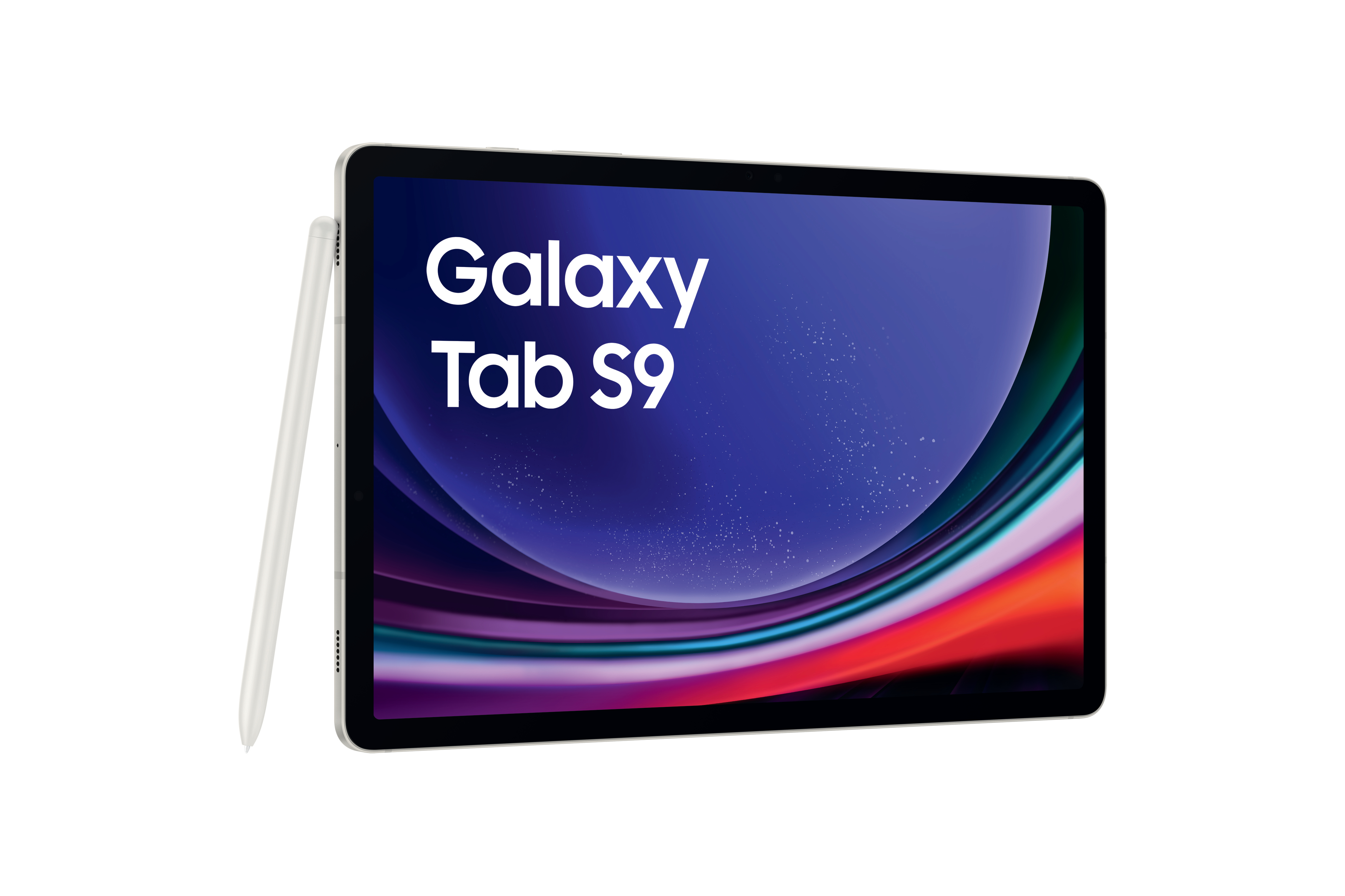 Tablet mit Stift auf Weiß. Bildschirm zeigt 'Galaxy Tab S9' mit farbenfrohem Hintergrund.