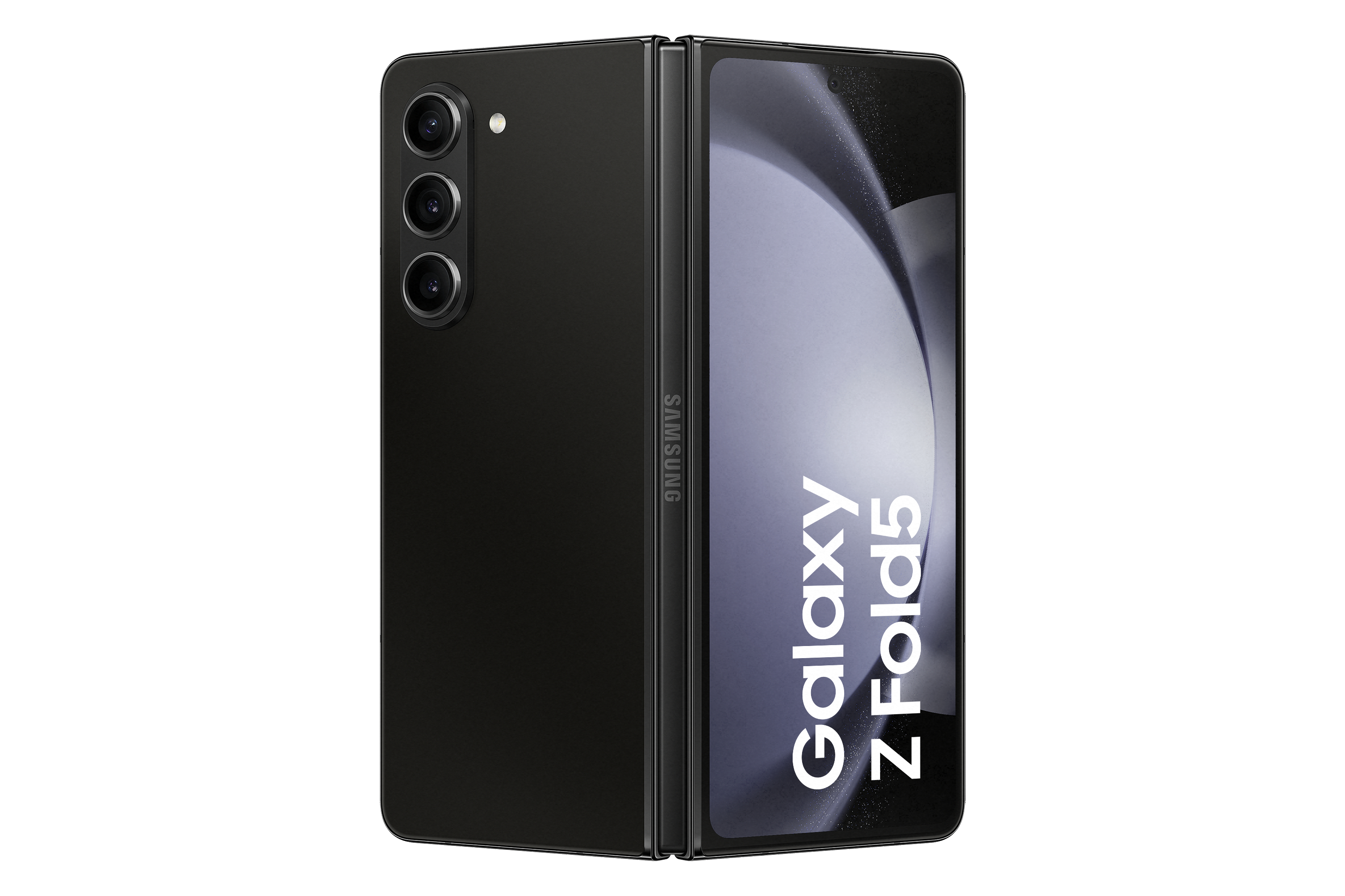 Schwarzes Samsung Galaxy Z Fold5 offen, Bildschirm zeigend, gefaltete Seite.