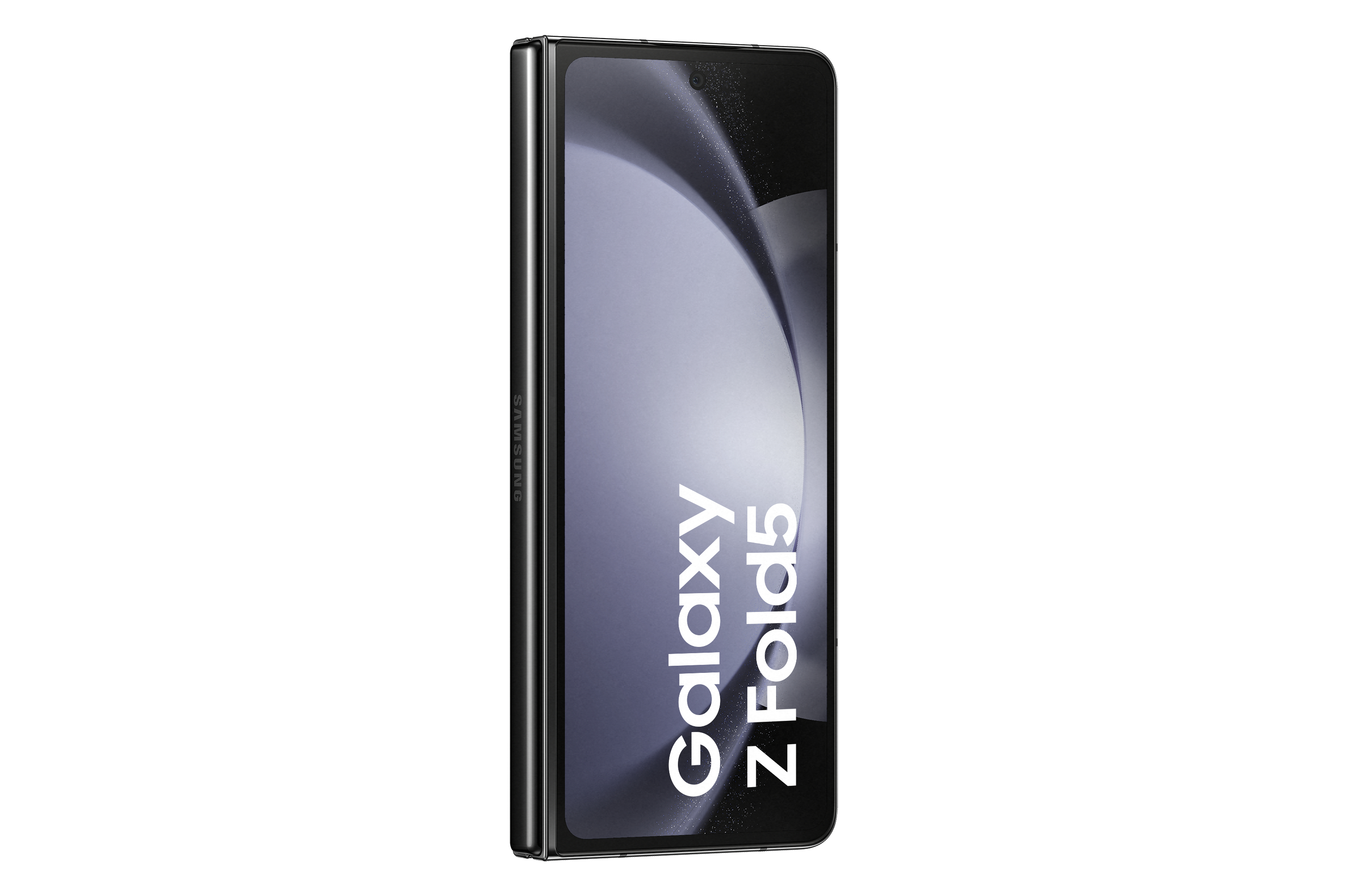 Schwarzes Samsung Galaxy Z Fold5-Telefon mit dem Bildschirm mit Galaxy Z Fold5-Text.