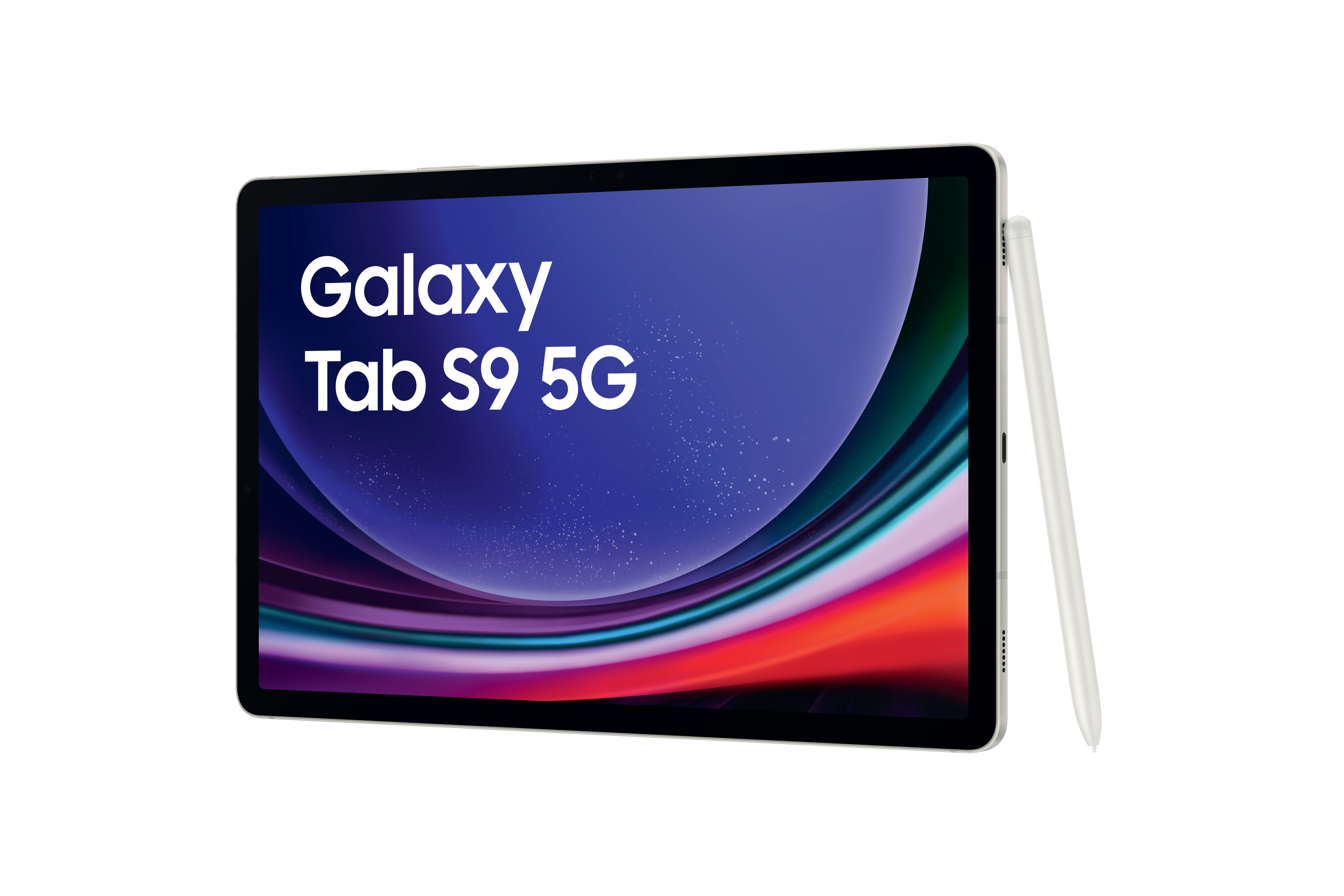 Ein Tablet mit dem Text 'Galaxy Tab S9 5G' auf dem Bildschirm. Ein Stift liegt daneben. Weißer Hintergrund.
