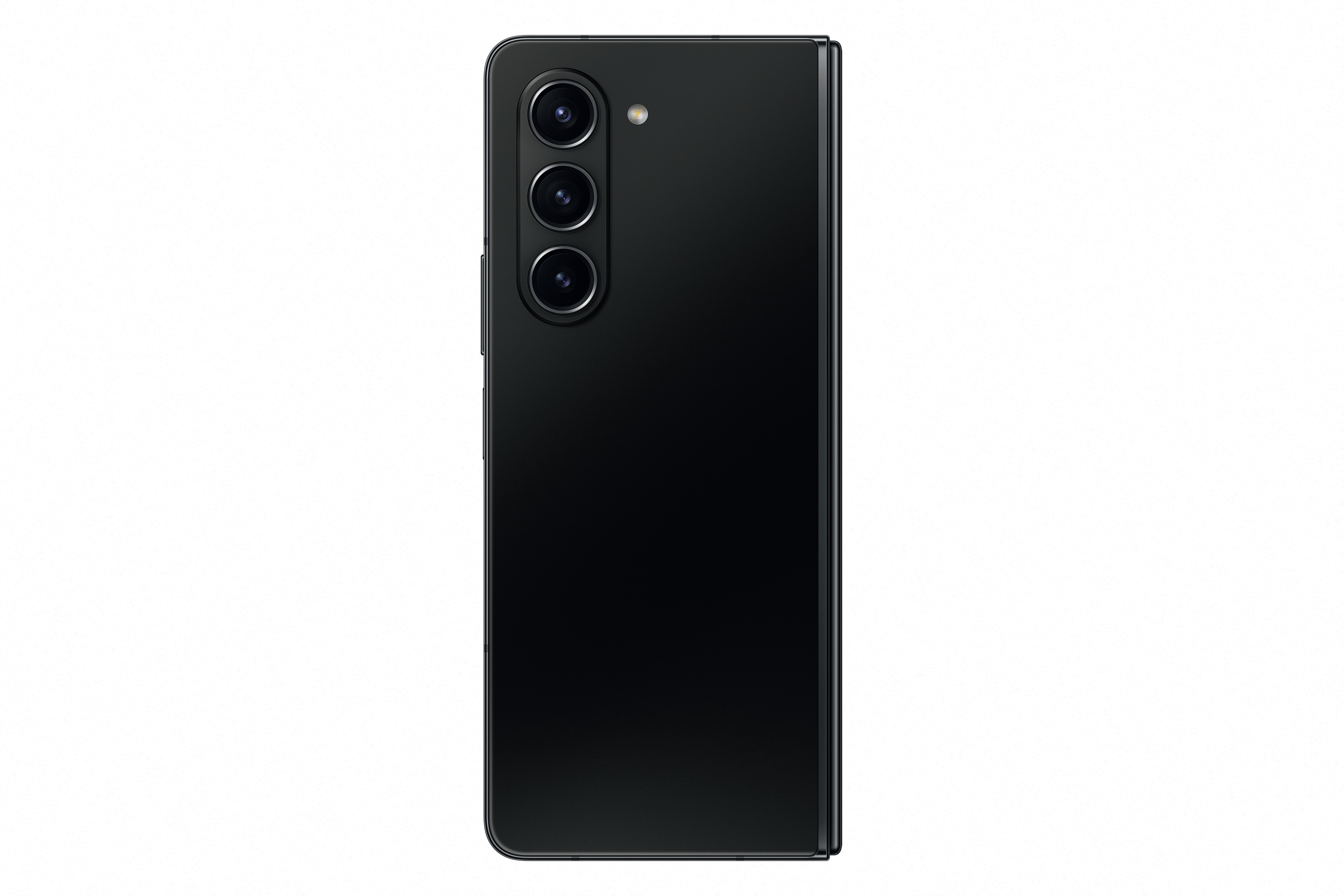 Beigefarbenes faltbares Telefon, offen, mit Frontkameras und Bildschirm.