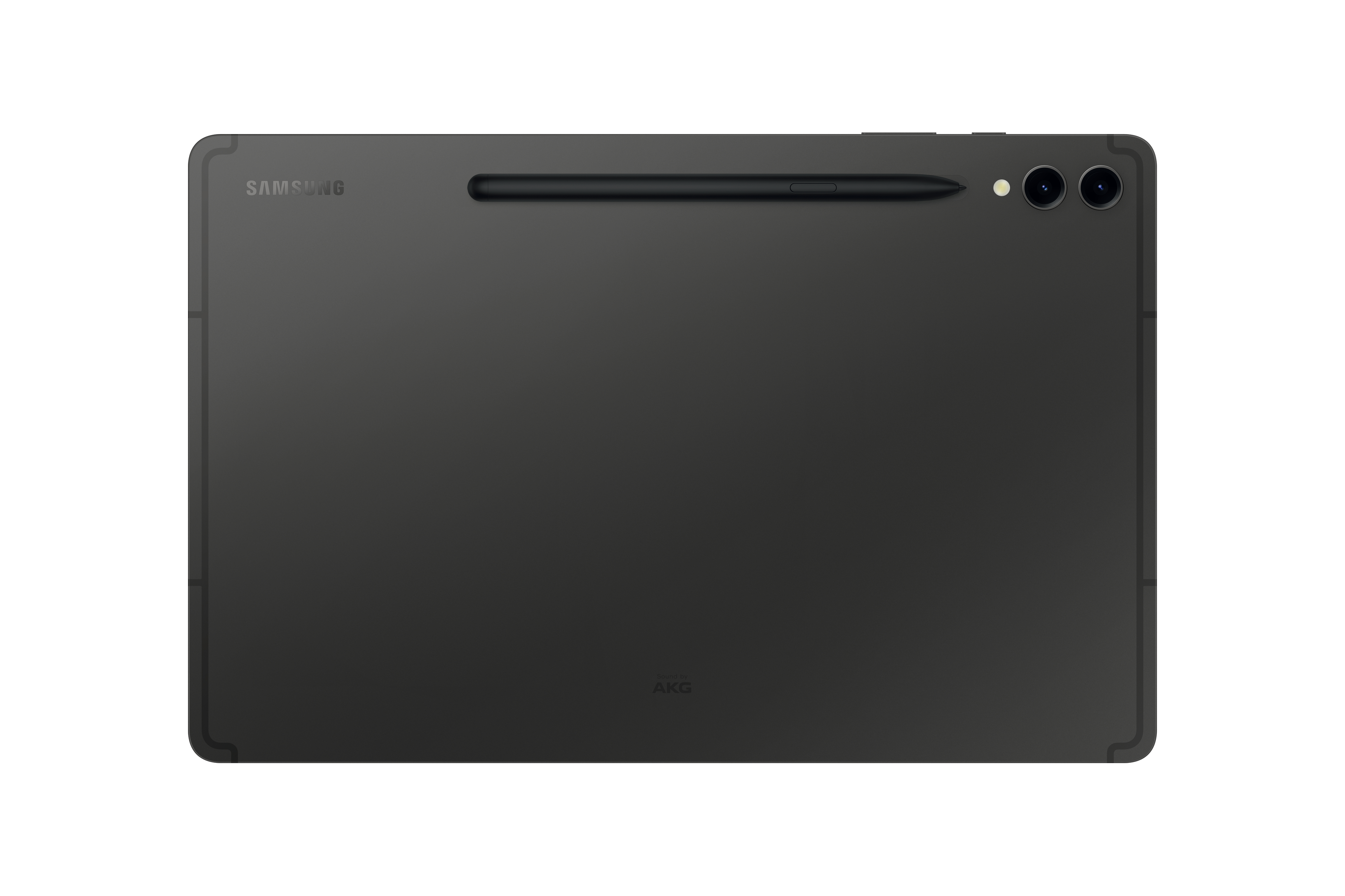 Rückseite eines dunkelgrauen Tablets mit Stift, zwei Kameras und Samsung/AKG-Branding.