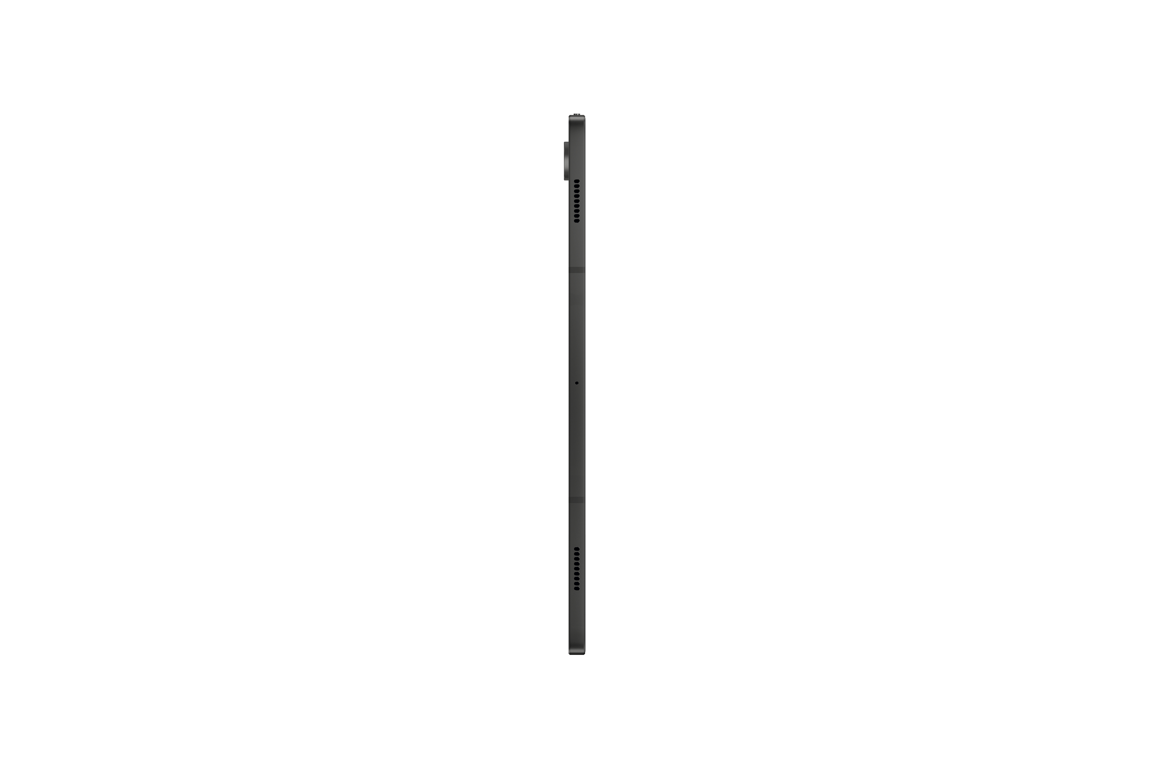 Ein schwarzes Tablet in Seitenansicht. Der Bildschirm ist schwarz. Der Rand ist schwarz.