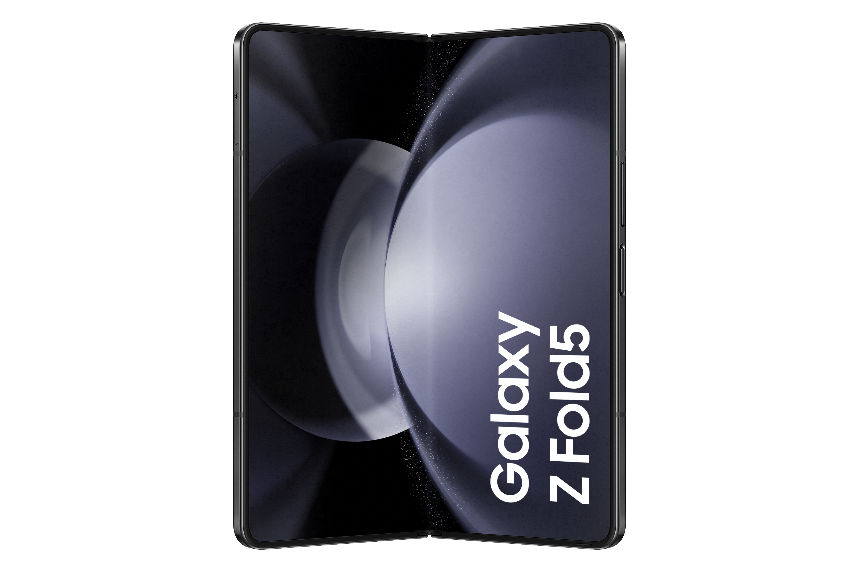 Faltbares Telefon, geöffnet, mit dunklem Bildschirm, der den Text 'Galaxy Z Fold5' anzeigt.