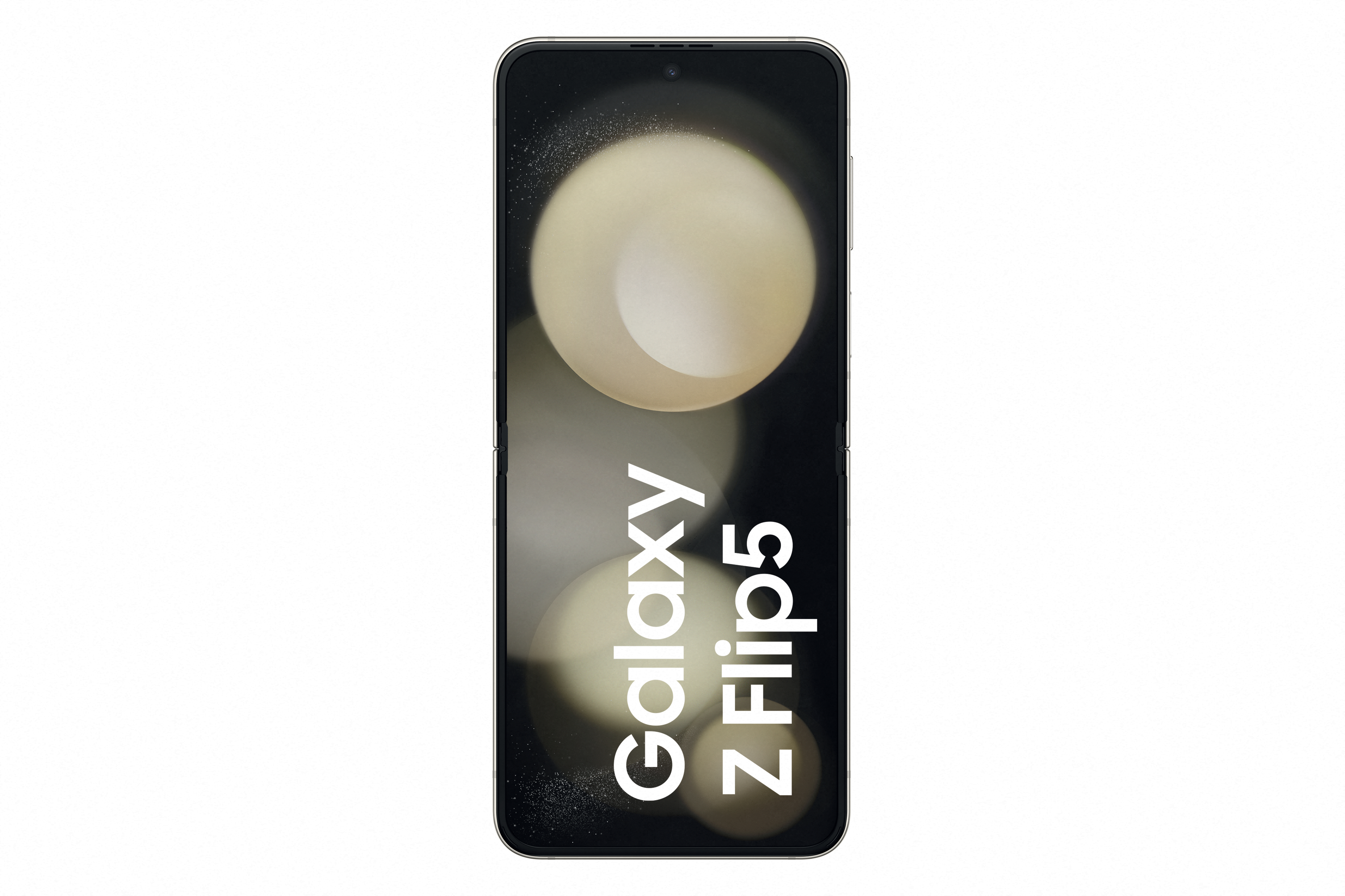 Faltbares Smartphone, geöffnet. Der Bildschirm zeigt ein verschwommenes Bild und Galaxy Z Flip5.