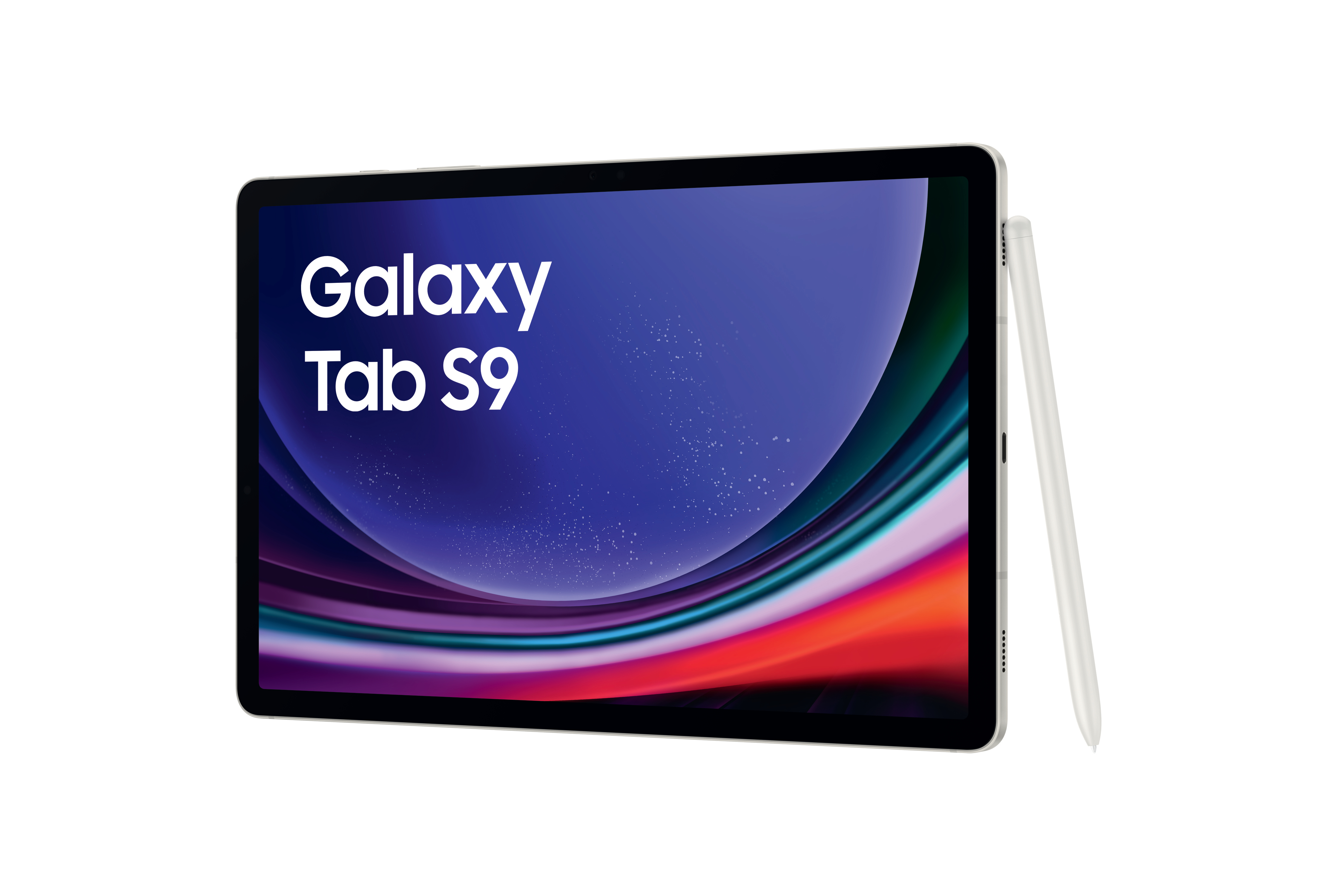 Tablet mit Stift auf Weiß. Bildschirm zeigt 'Galaxy Tab S9' mit farbenfrohem Hintergrund.