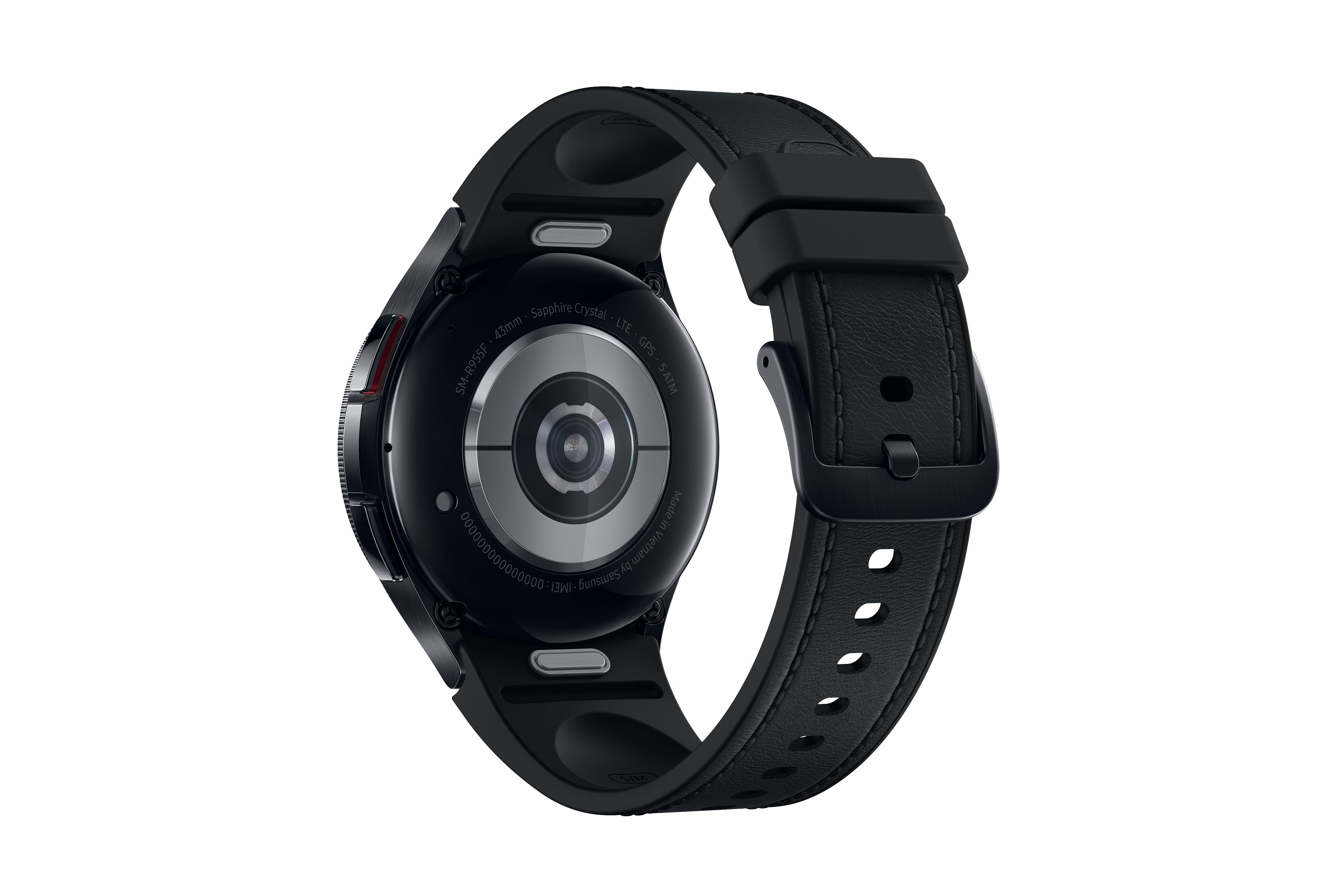 Schwarze Smartwatch, Rückansicht, auf Weiß. Schwarzes Armband.
