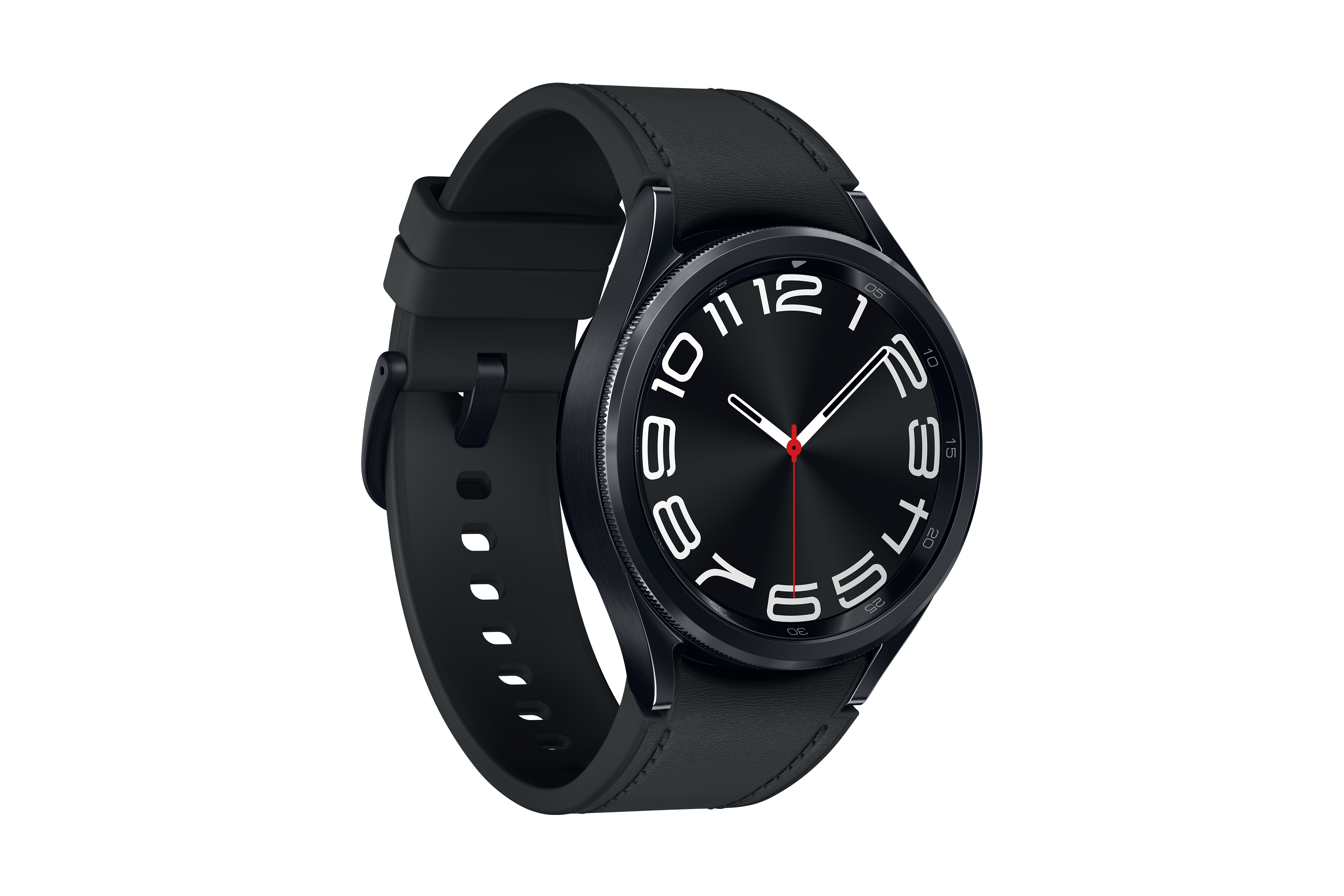 Schwarze Smartwatch mit schwarzem Armband. Zifferblatt mit weißen Zahlen und rotem Sekundenzeiger.