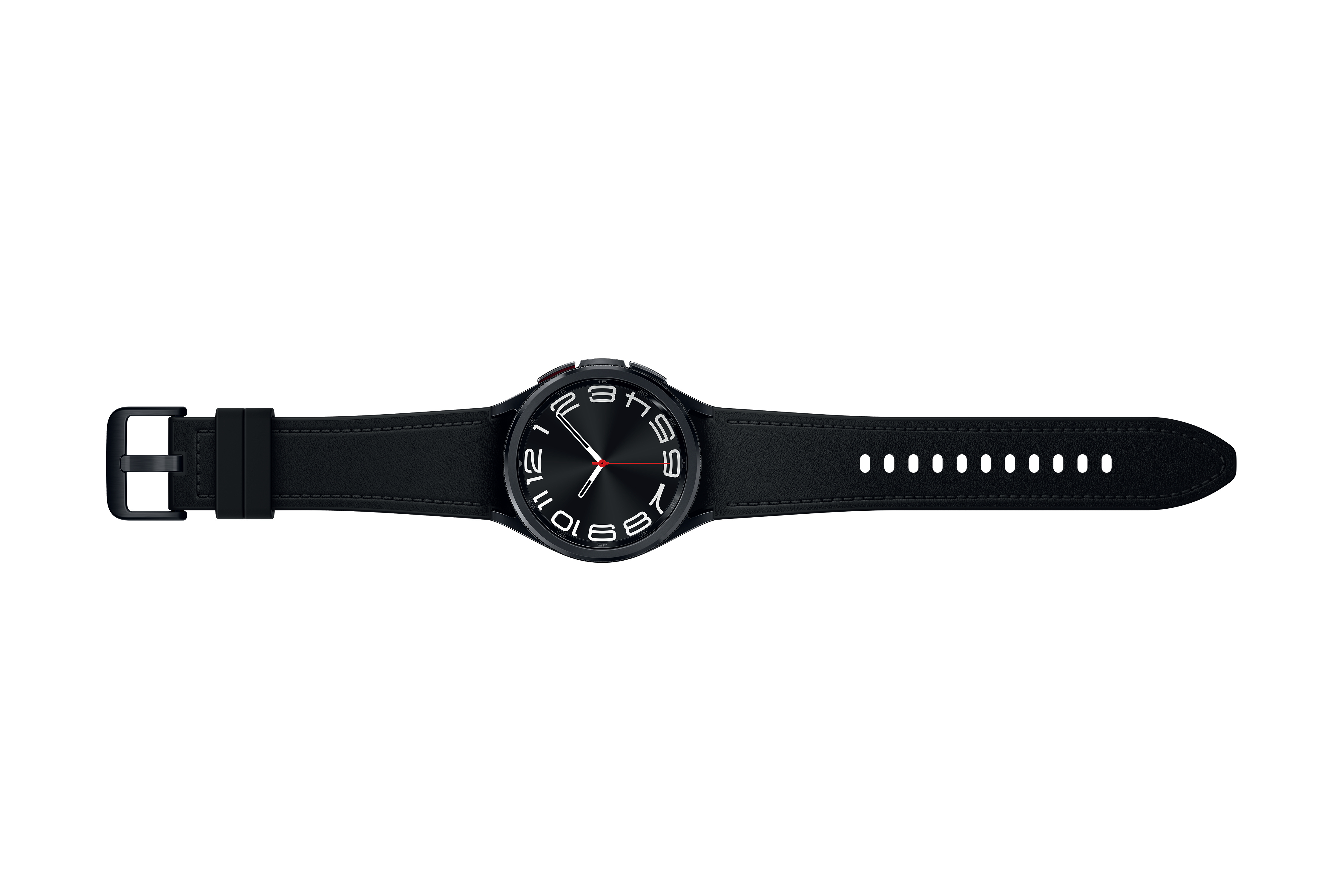 Schwarze Smartwatch mit schwarzem Lederarmband, zeigt die Uhrzeit, auf weißem Hintergrund.