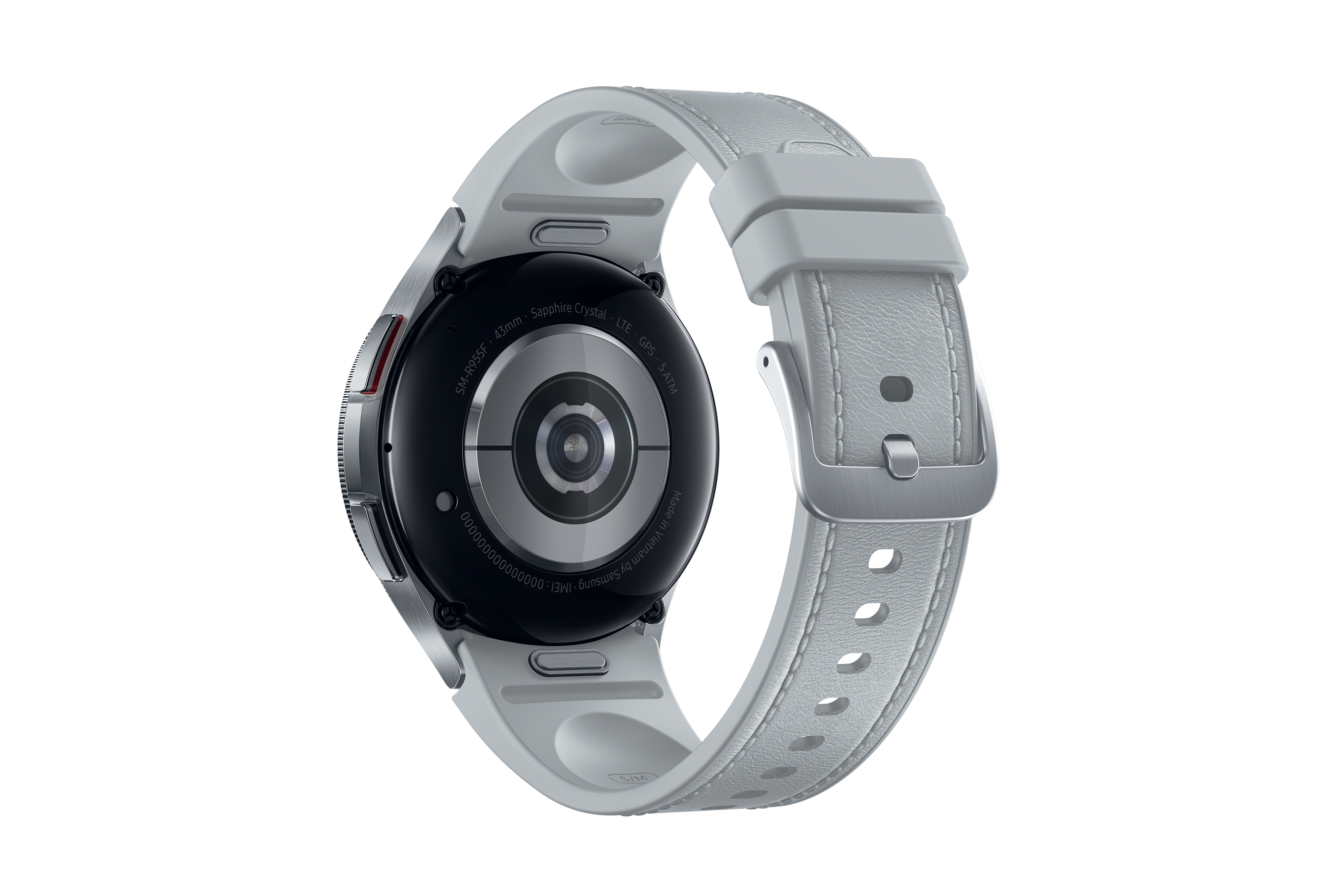 Rückansicht einer silbernen Smartwatch mit hellgrauem Armband.