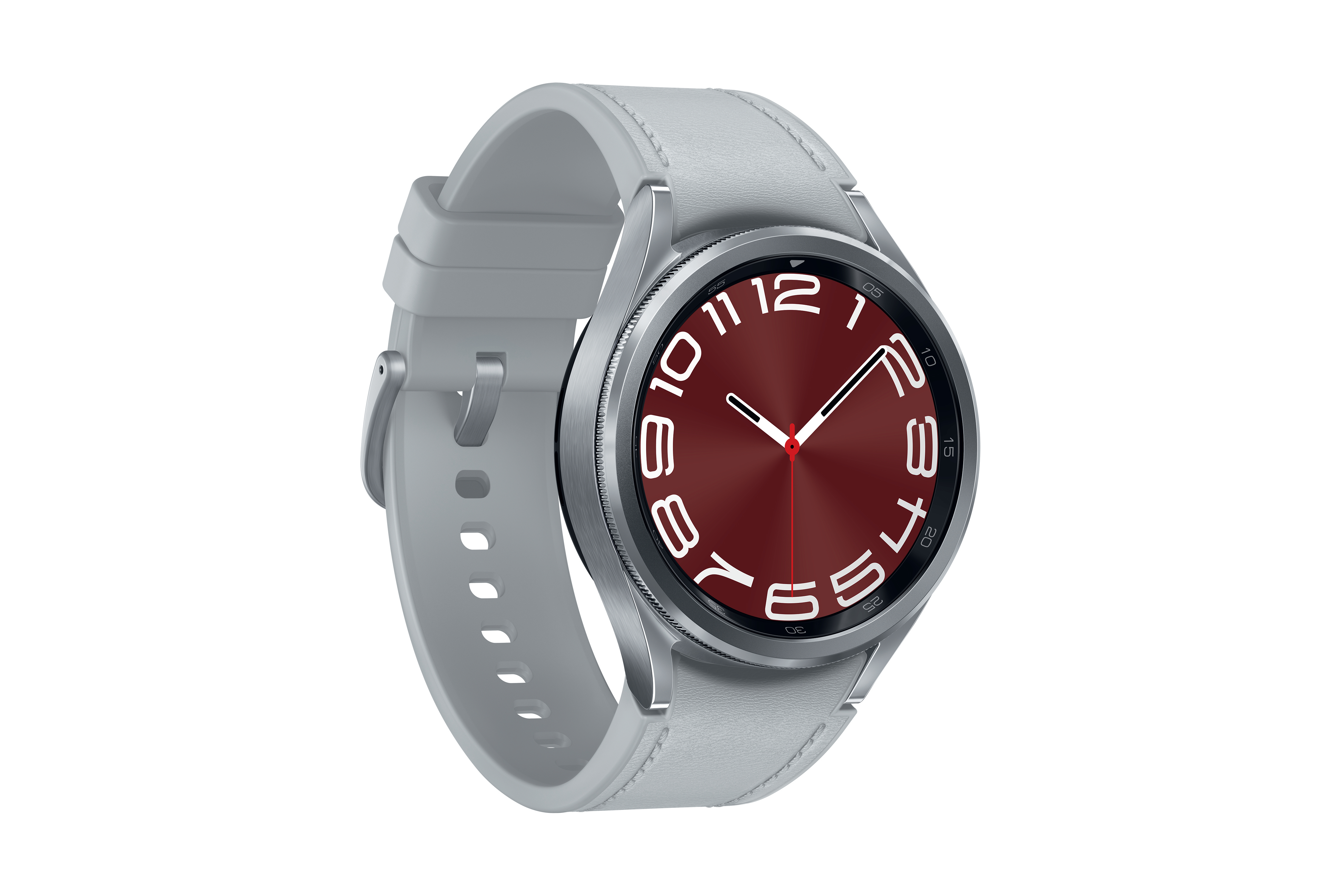 Silberne Smartwatch mit rotem Zifferblatt. Die Uhr befindet sich auf weißem Grund.