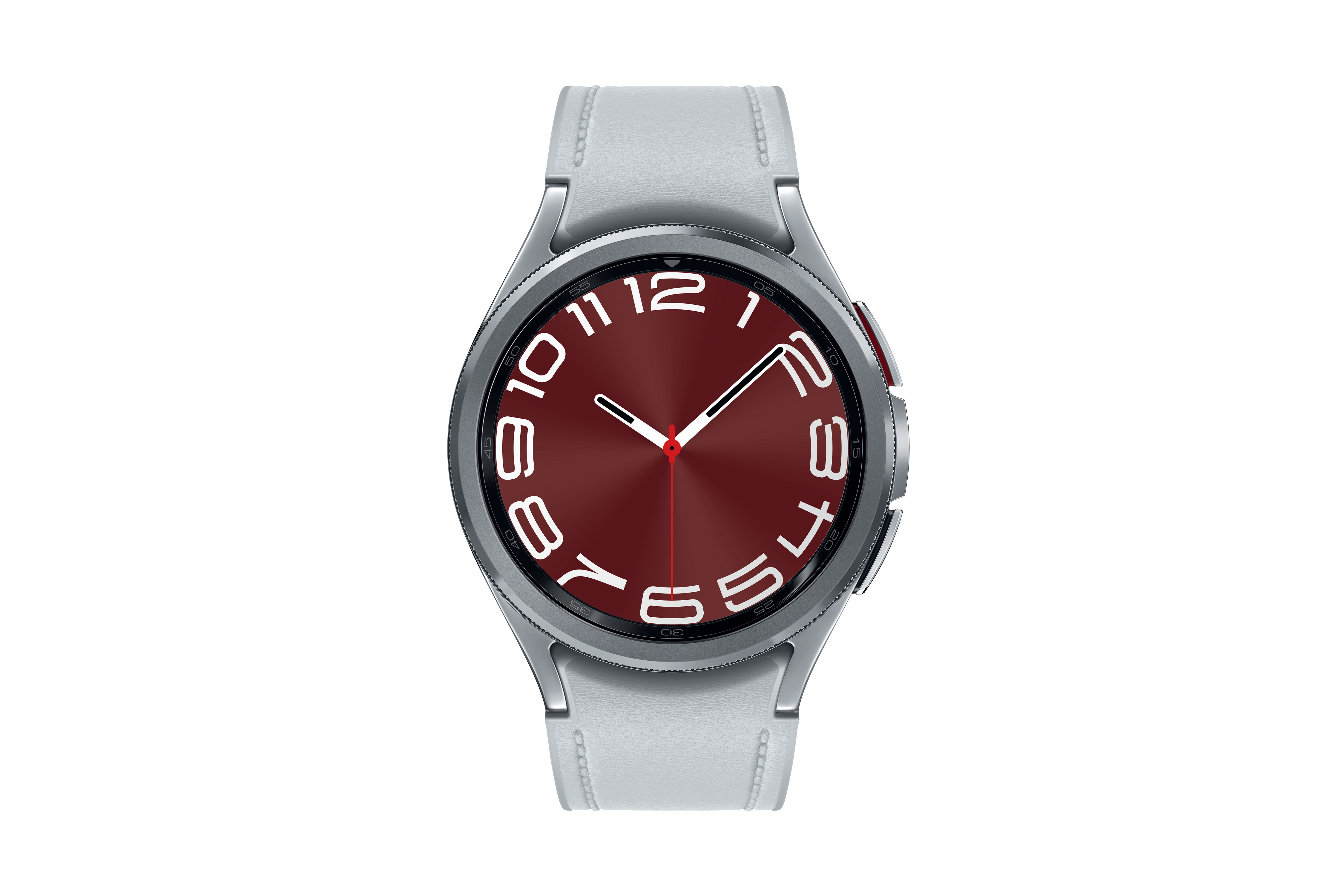 Silberne Smartwatch mit burgunderrotem Zifferblatt, weißen Zahlen und hellgrauem Armband.