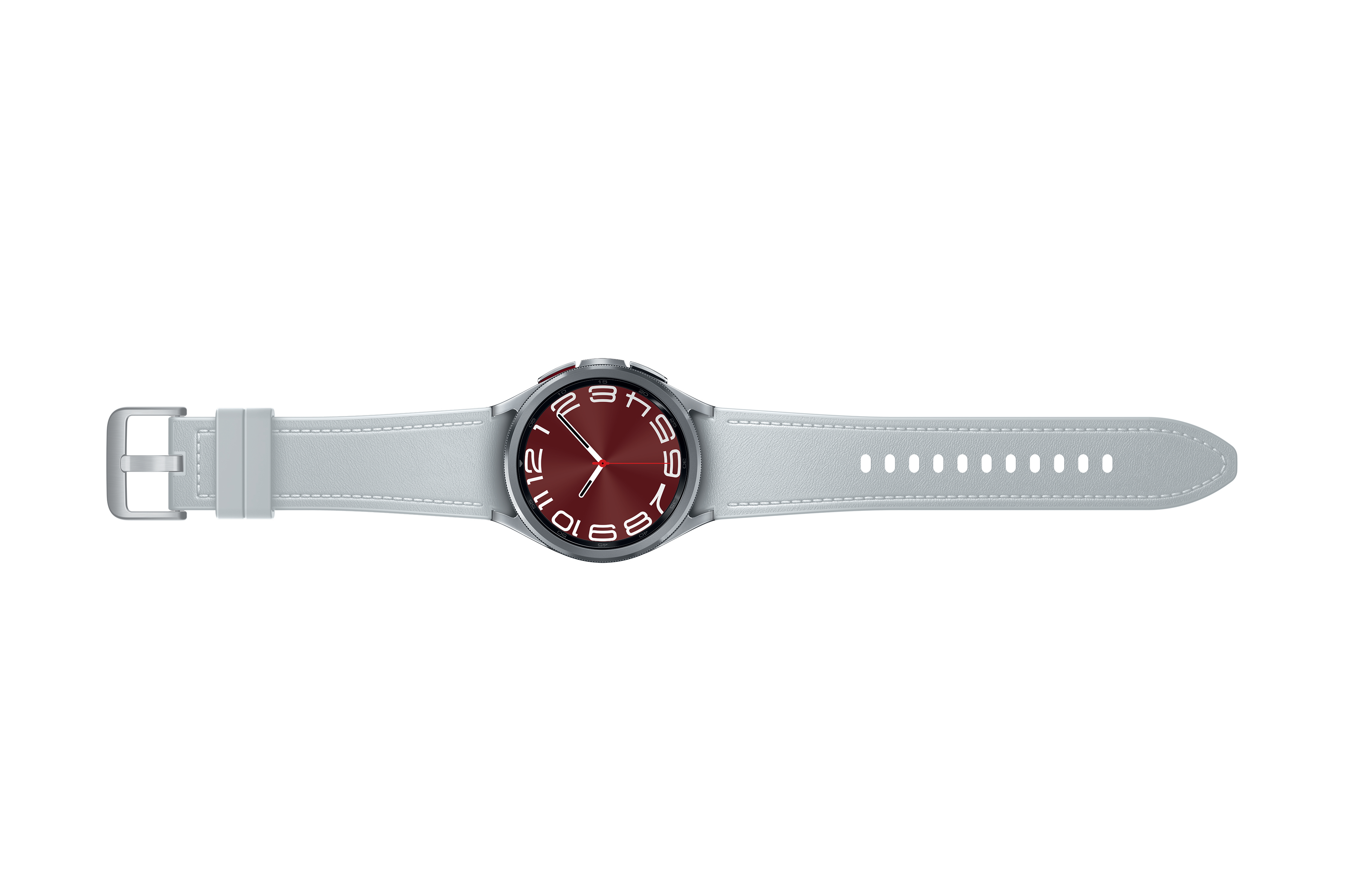Eine hellgraue Smartwatch mit rotem Zifferblatt. Die Zahlen sind schwarz und das Armband hellgrau.