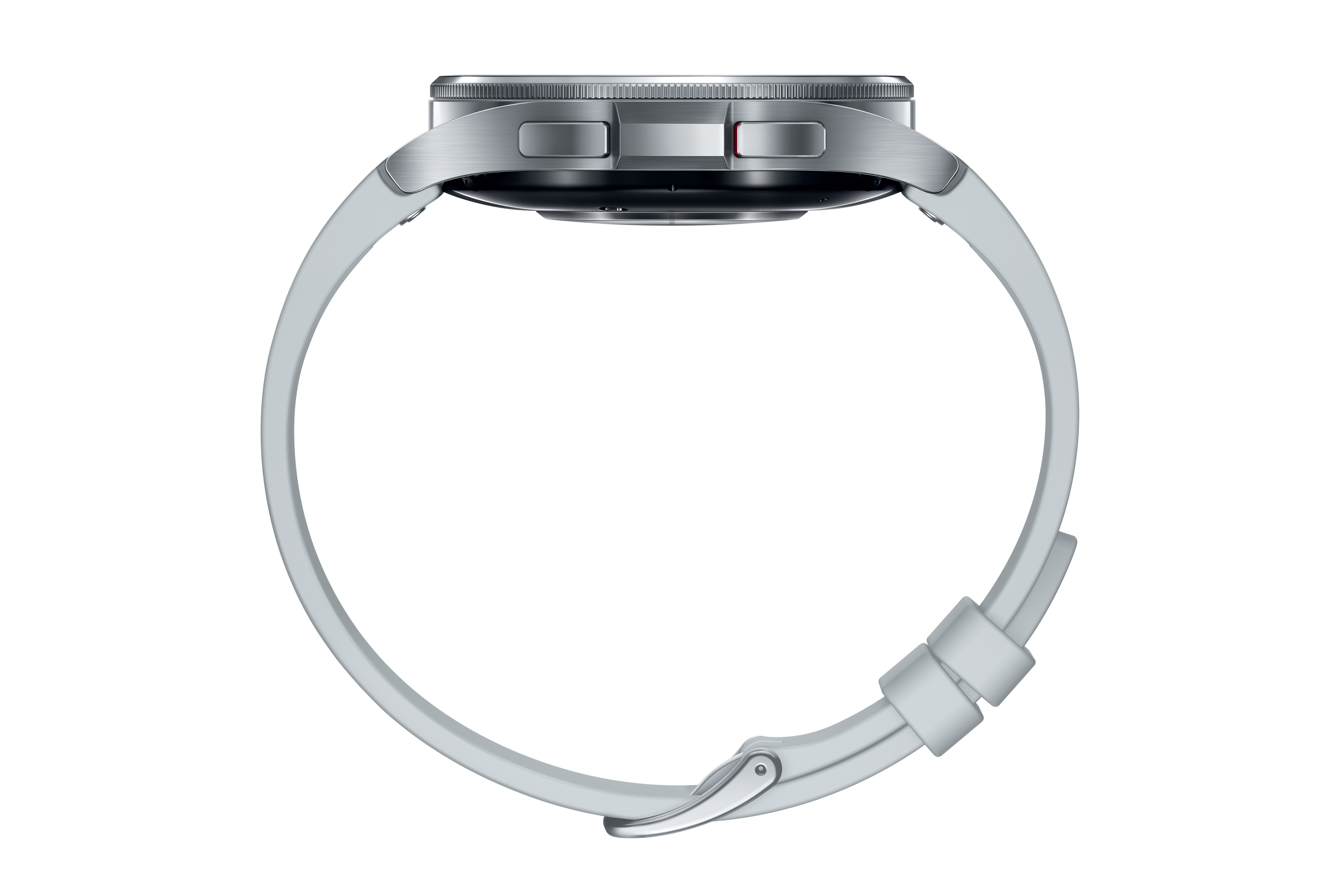 Silberne Smartwatch mit hellgrauem Armband, Seitenansicht, auf weißem Hintergrund, mit Uhrendetails.