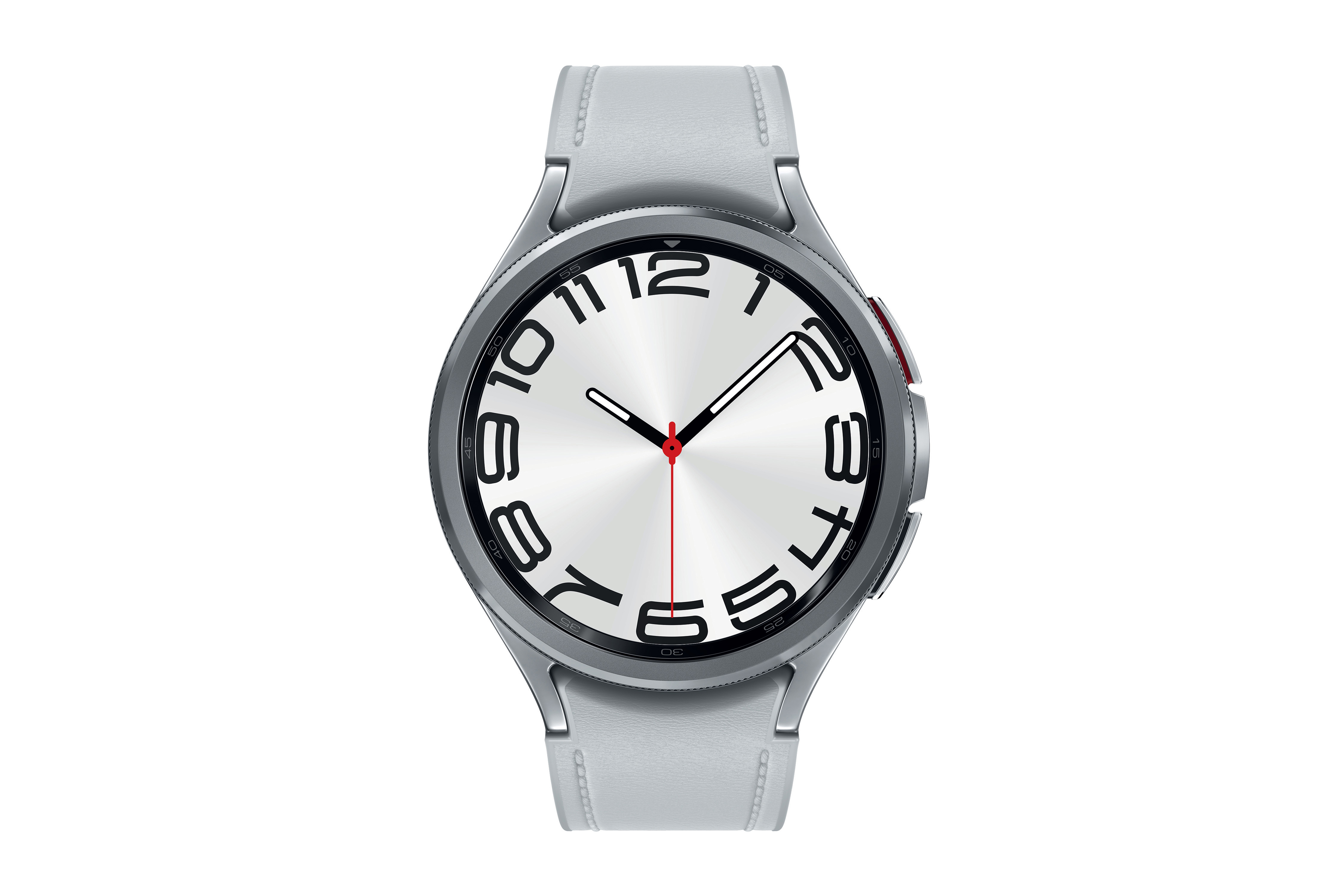 Silberne Smartwatch mit weißem Zifferblatt und schwarzen Ziffern.