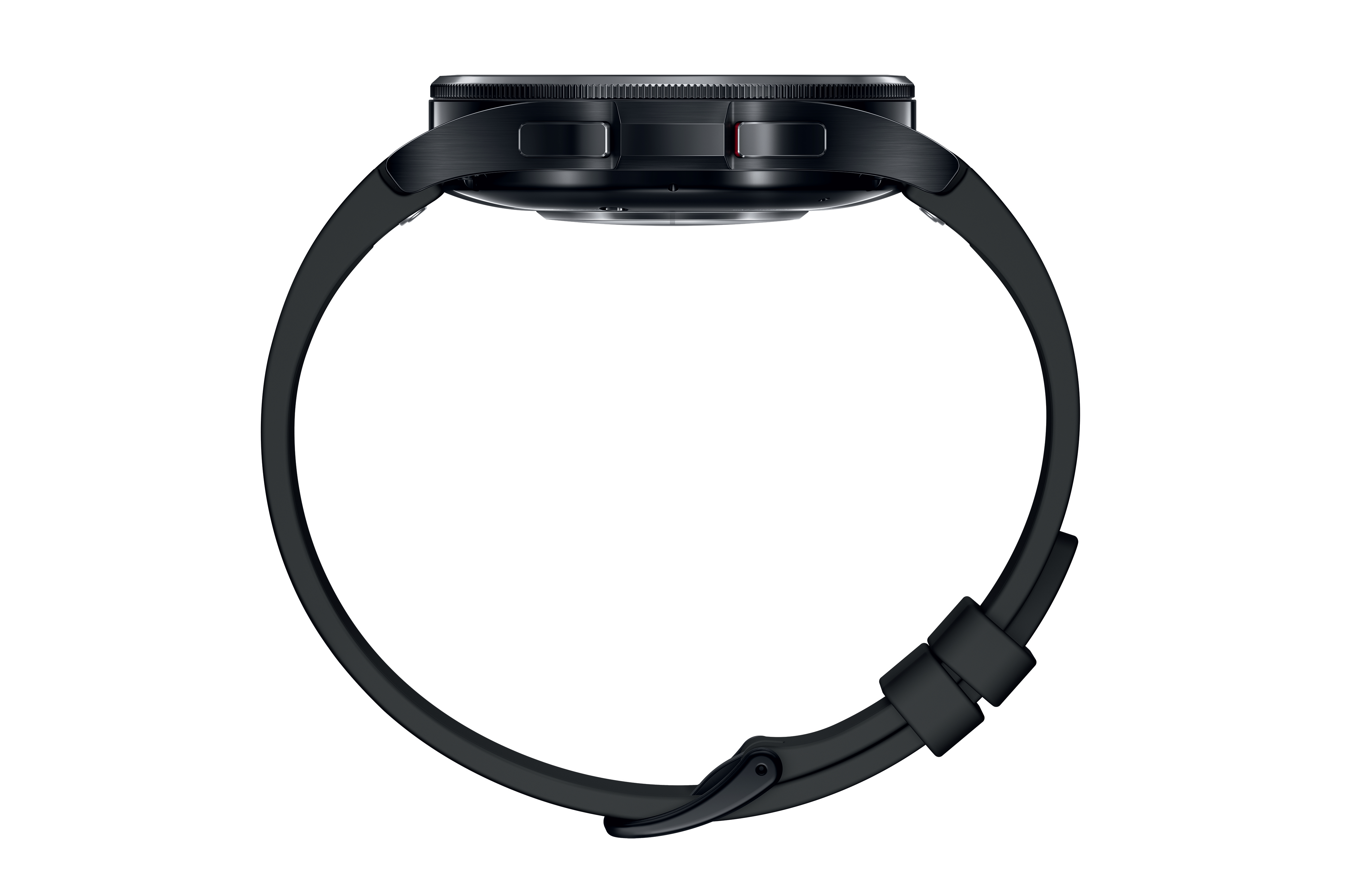 Schwarze Smartwatch mit schwarzem Armband, von der Seite gesehen. Rotes Detail.
