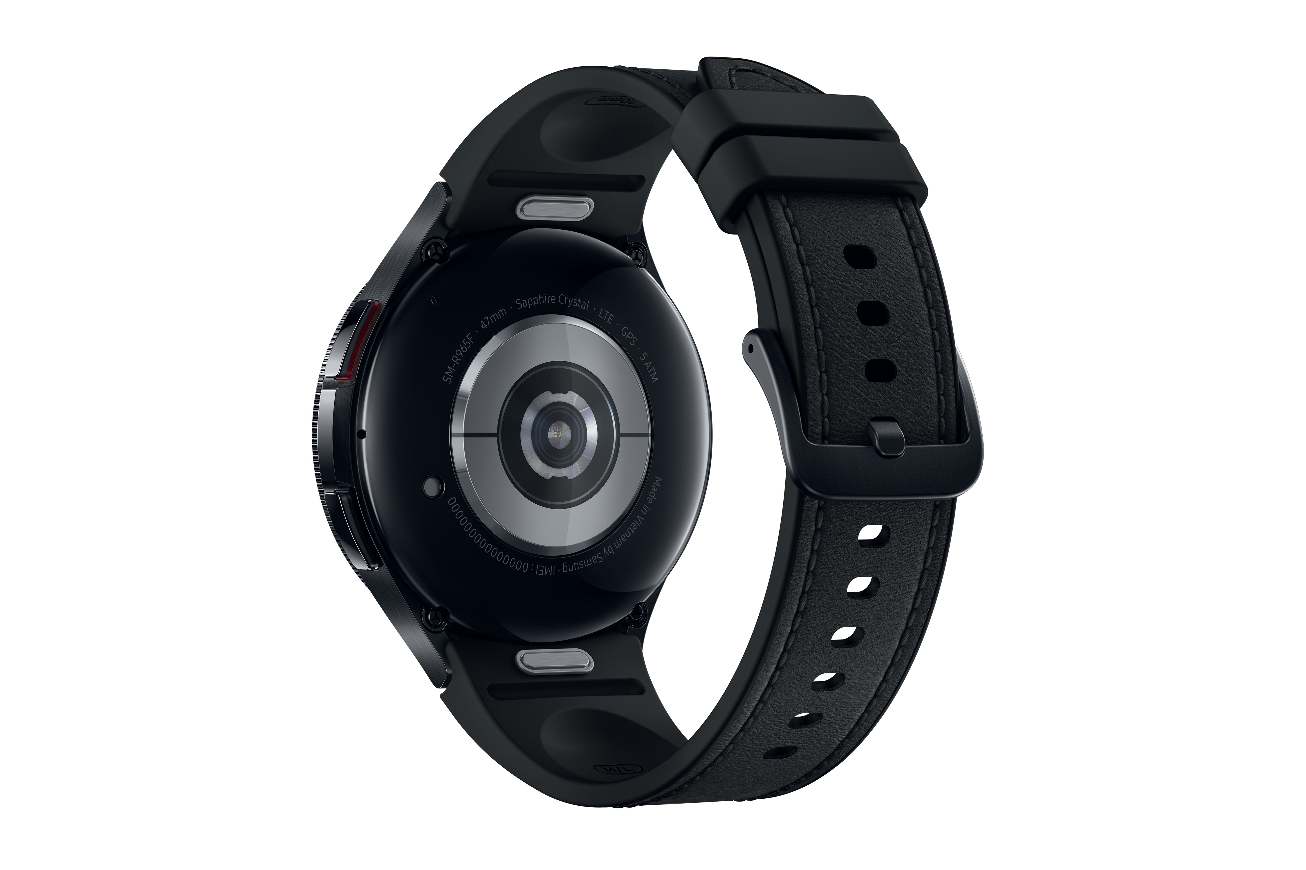 Eine schwarze Smartwatch. Die Rückseite der Uhr mit Sensor und Armband ist sichtbar.