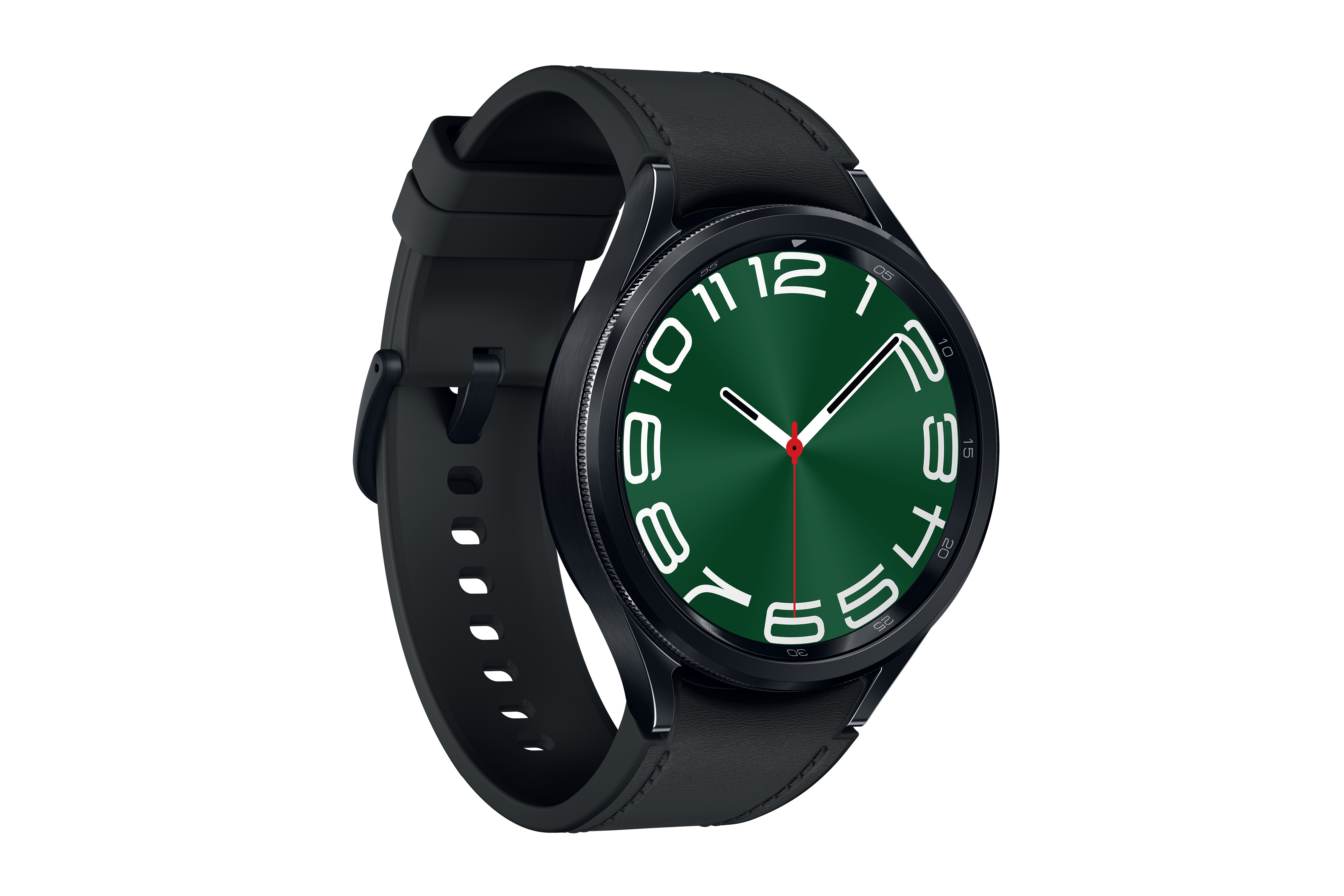 Schwarze Smartwatch mit grünem Zifferblatt und weißen Ziffern.