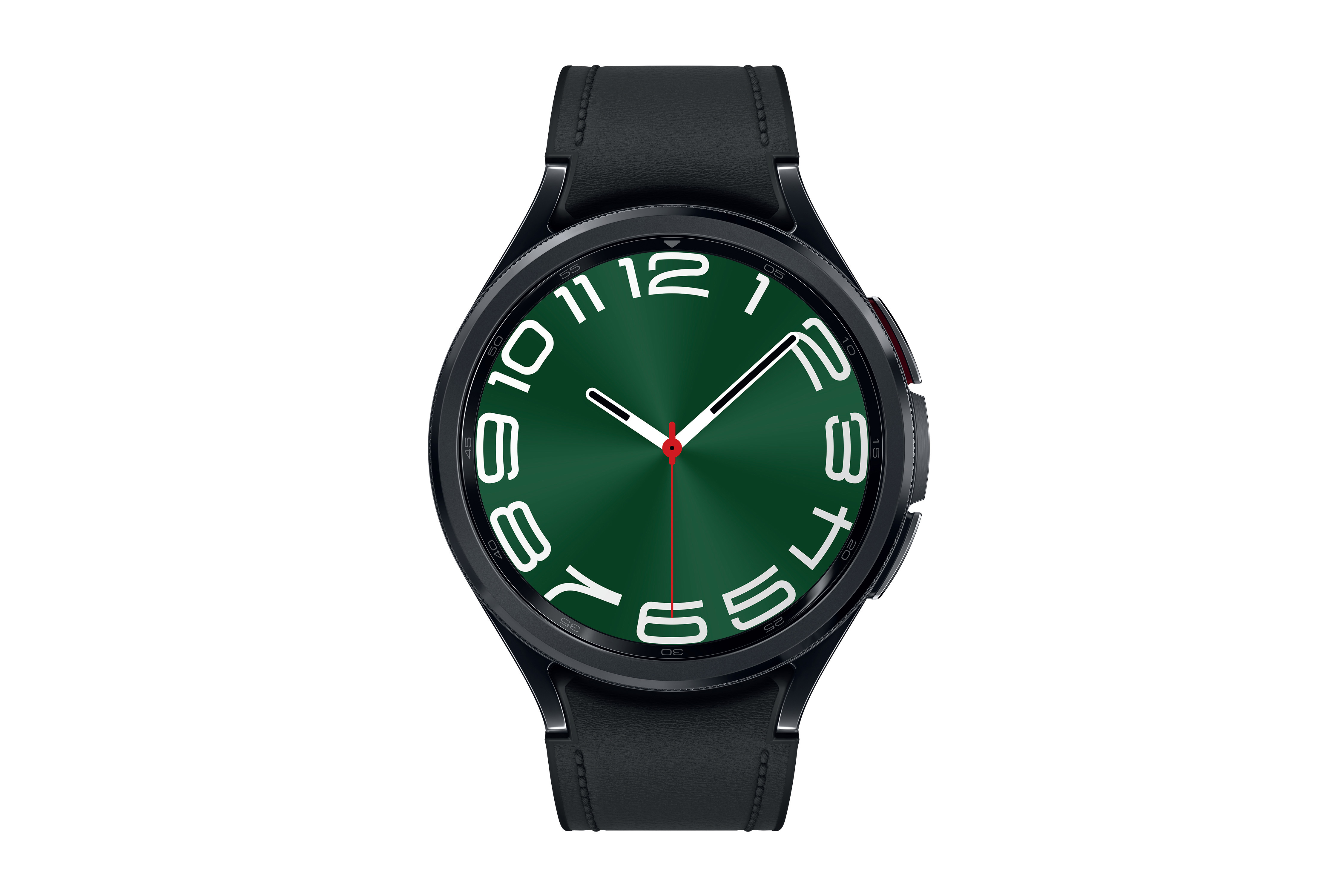 Schwarze Smartwatch mit grünem Zifferblatt und weißen Ziffern. Schwarzes Armband. Draufsicht, isoliert.