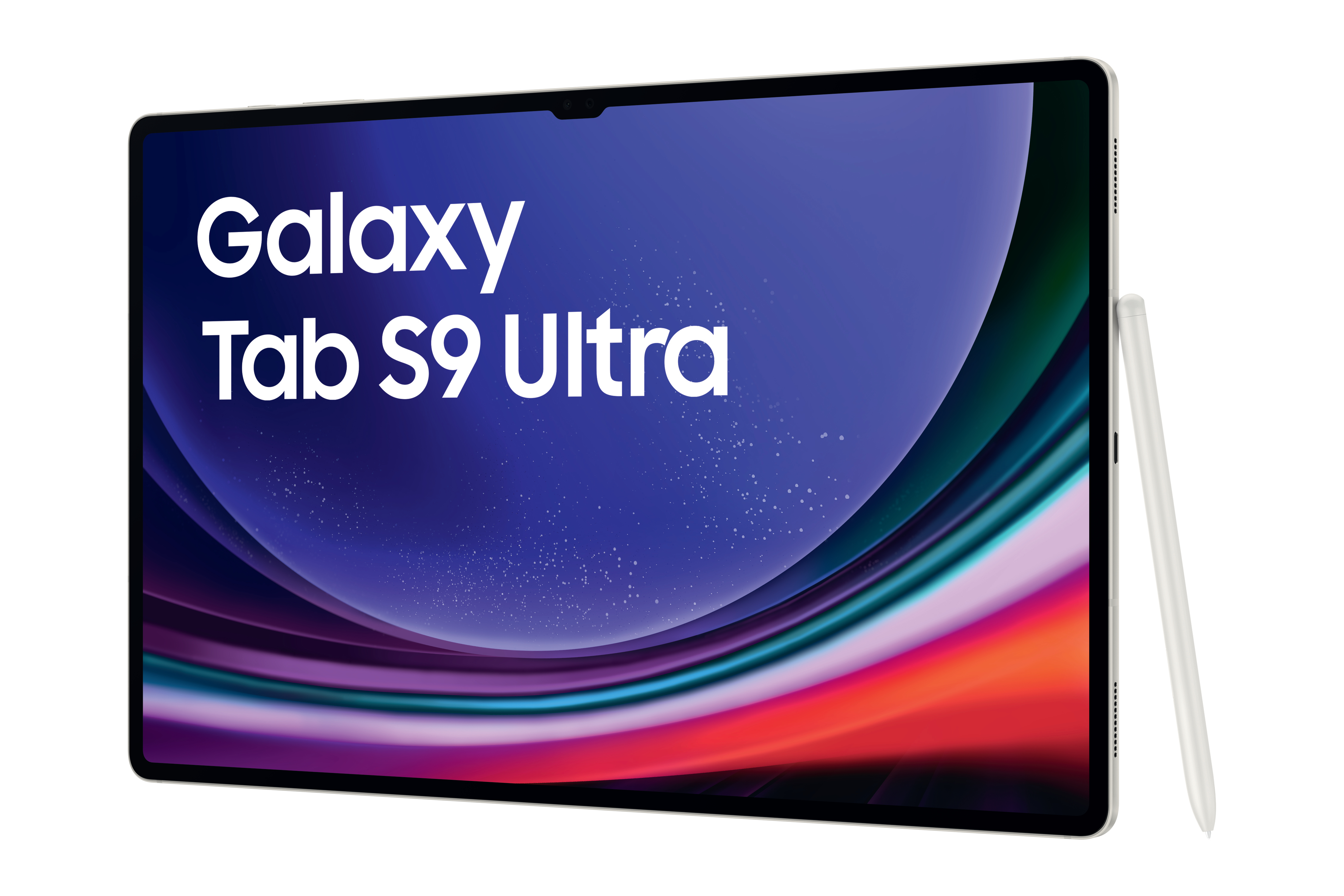 Weißes Tablet mit Stift, Text: Galaxy Tab S9 Ultra. Blauer und bunter Hintergrund.